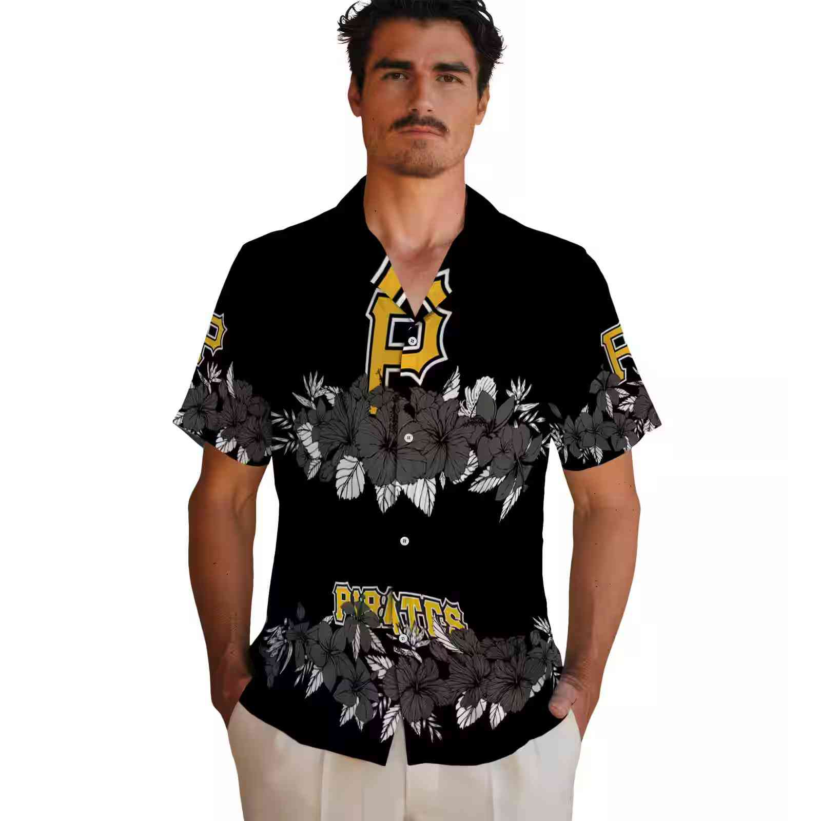 pittsburgh pirates hibiscus stripe black hawaiian shirt fashion forward