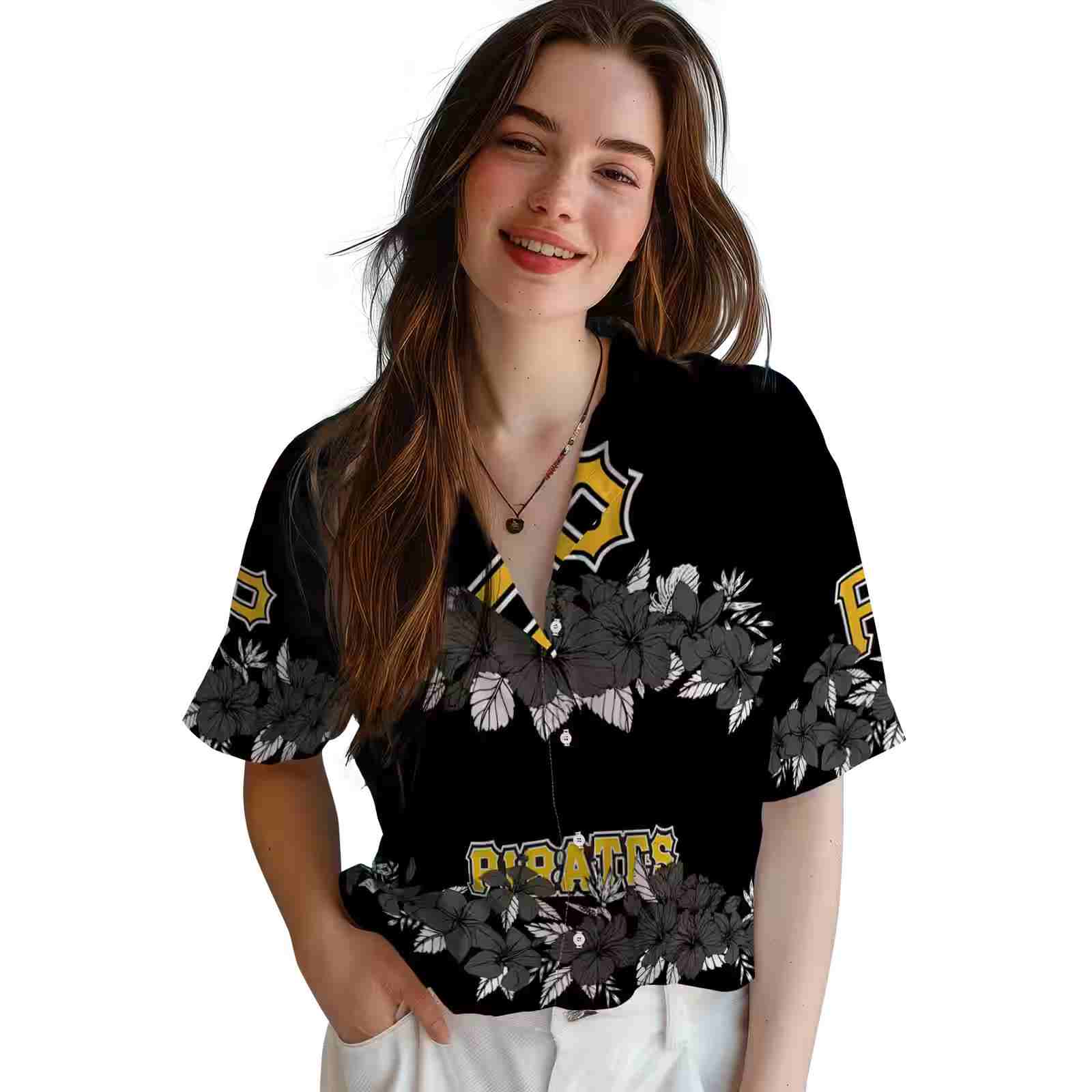 pittsburgh pirates hibiscus stripe black hawaiian shirt latest model