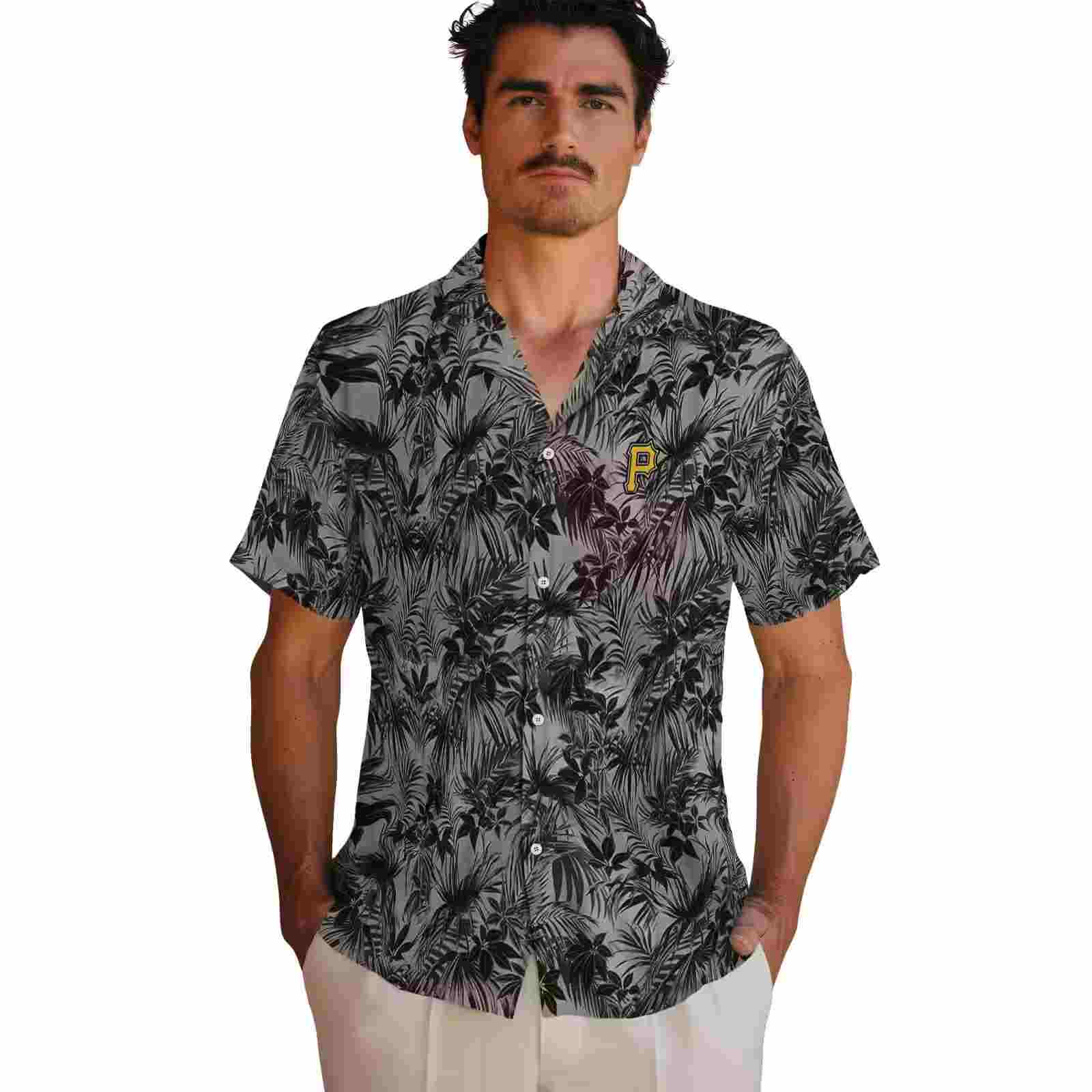 pittsburgh pirates leafy pattern black hawaiian shirt fashion forward