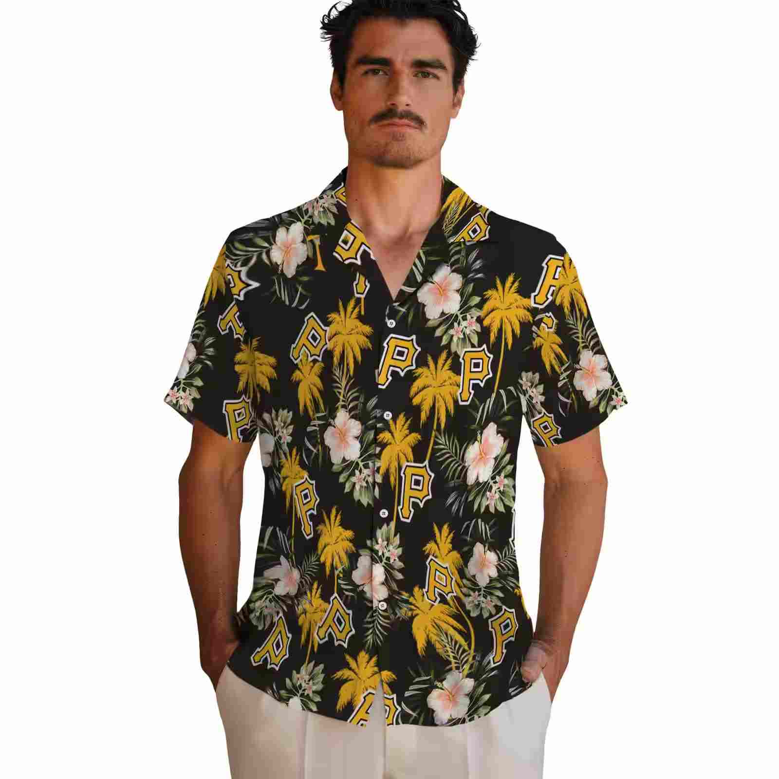 pittsburgh pirates palm tree flower black hawaiian shirt fashion forward