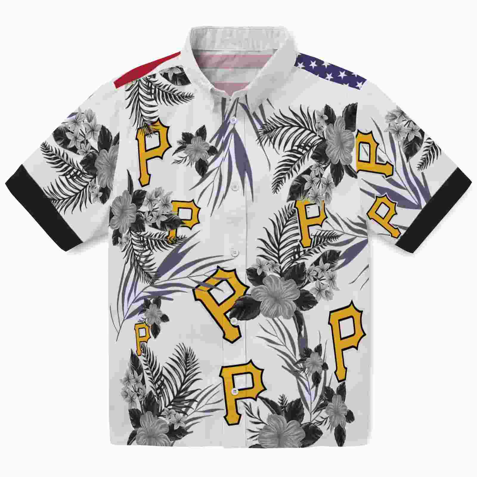 Pittsburgh Pirates Patriotic Hibiscus Design Black White Hawaiian Shirt