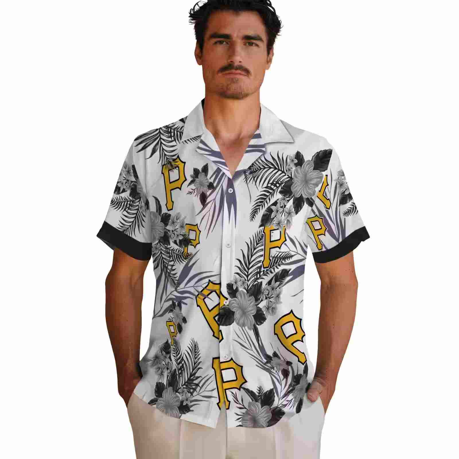 pittsburgh pirates patriotic hibiscus design black white hawaiian shirt fashion forward