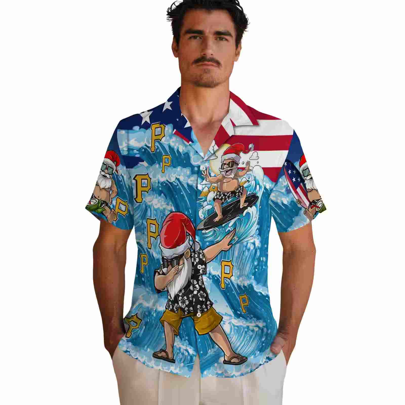 pittsburgh pirates surfing santa blue hawaiian shirt fashion forward