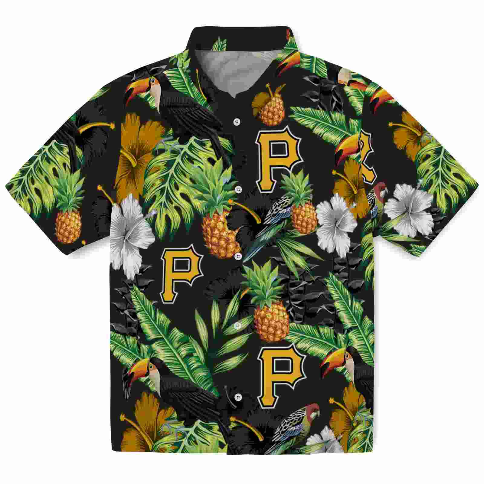 Pittsburgh Pirates Toucan Hibiscus Pineapple Black Green Hawaiian Shirt