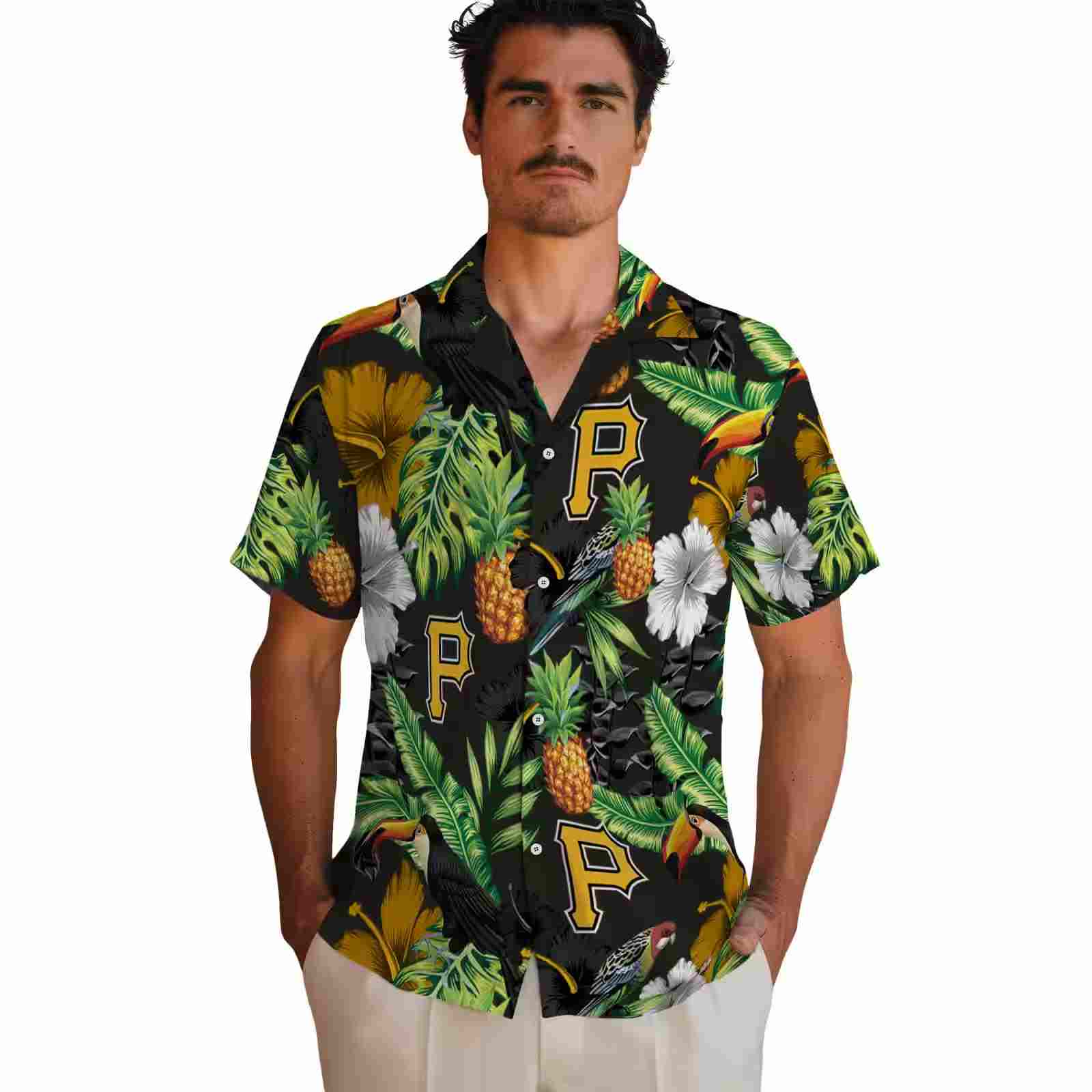 pittsburgh pirates toucan hibiscus pineapple black green hawaiian shirt fashion forward