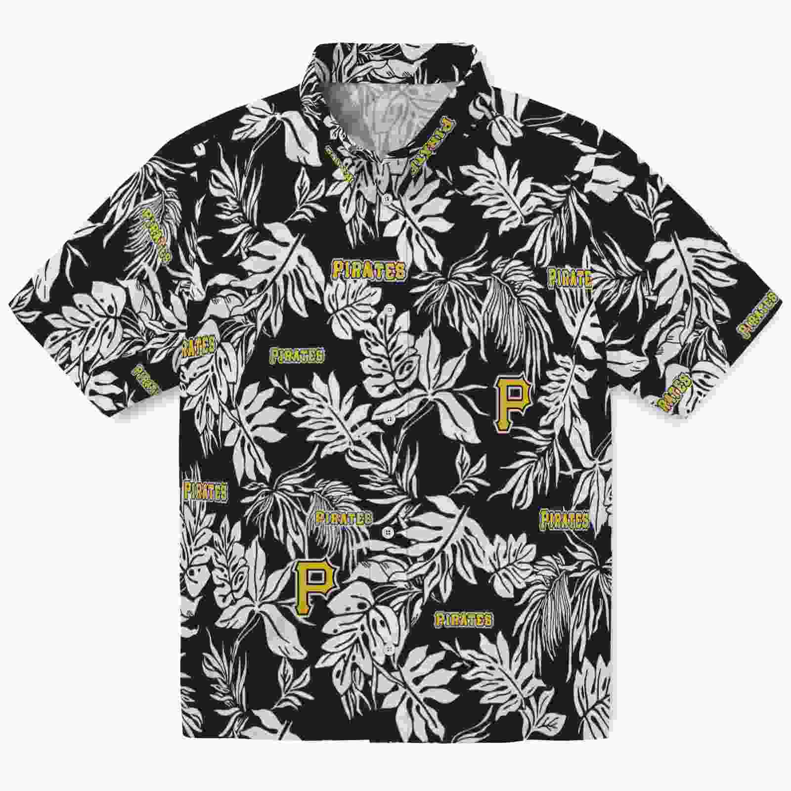 Pittsburgh Pirates Tropical Leaf Black White Hawaiian Shirt