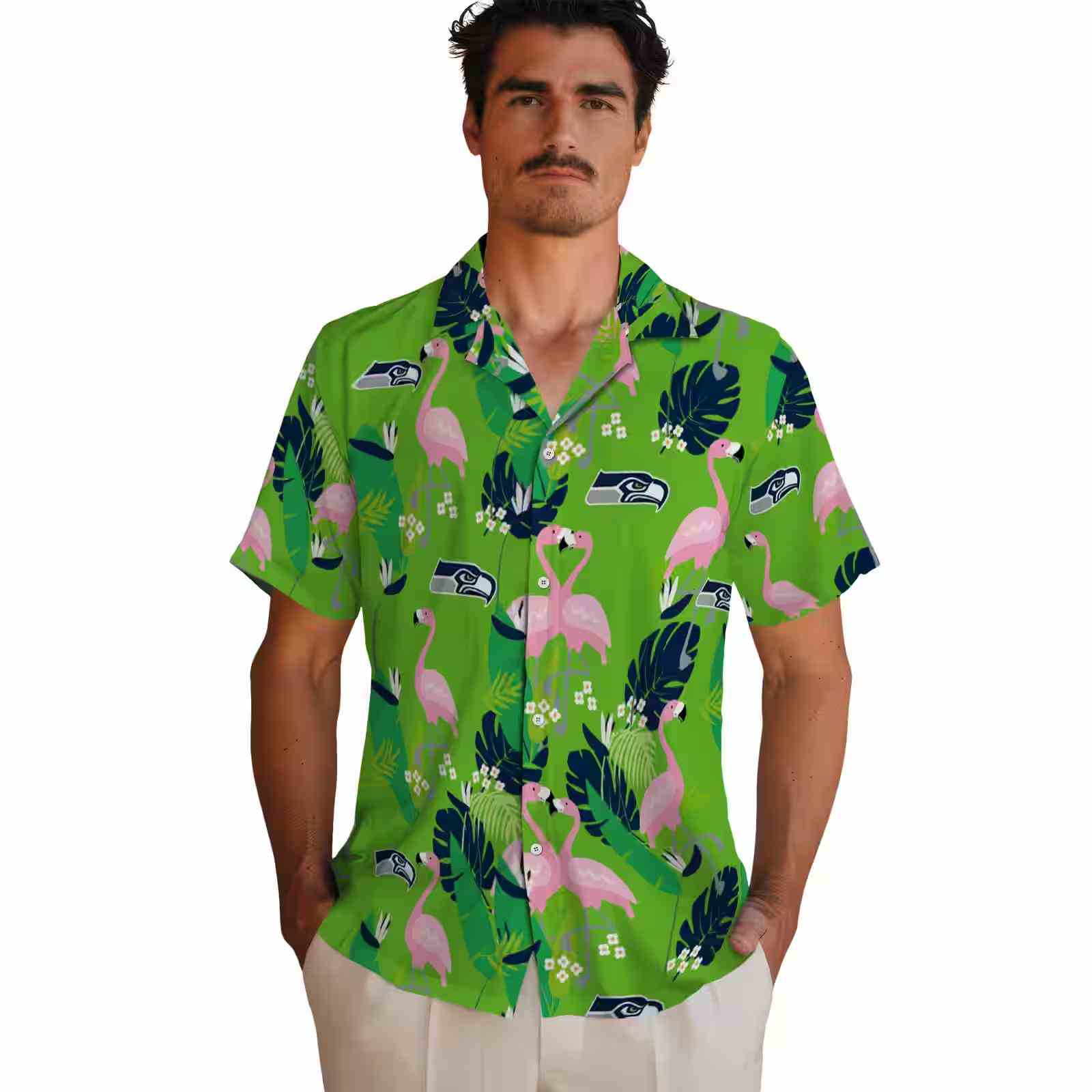 seattle seahawks flamingo foliage blue green hawaiian shirt fashion forward