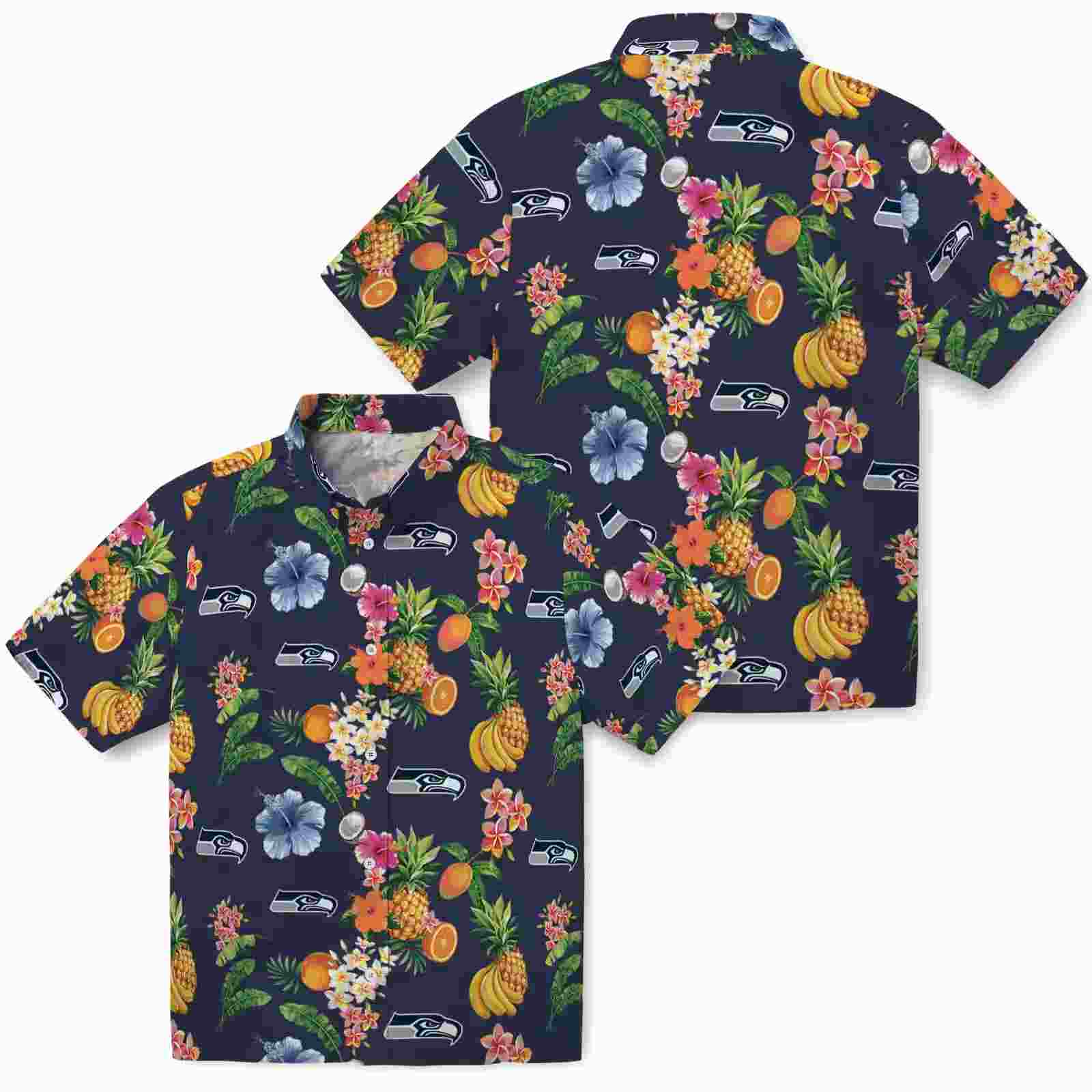 seattle seahawks hibiscus and fruit navy blue hawaiian shirt high quality