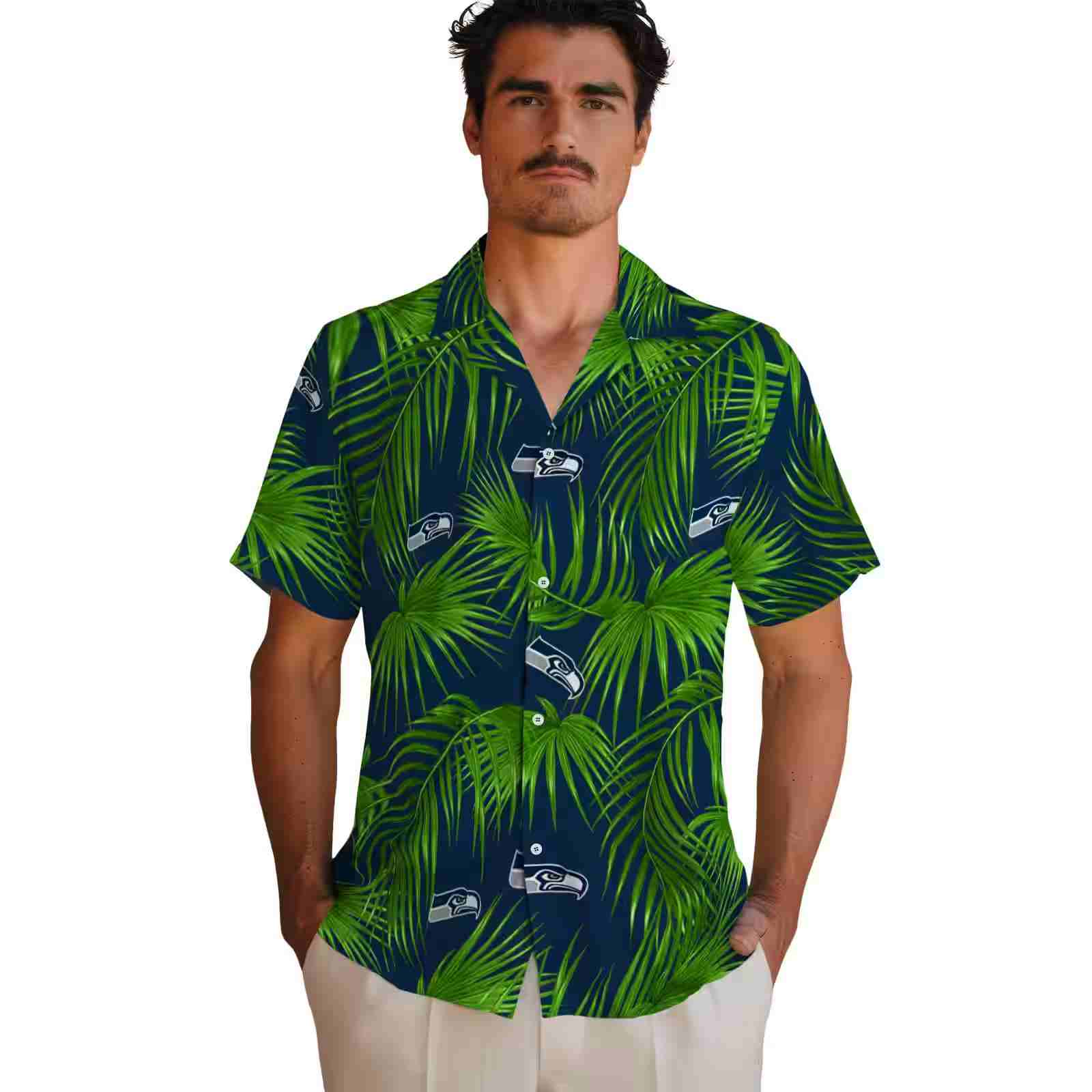 seattle seahawks leafy palms blue hawaiian shirt fashion forward