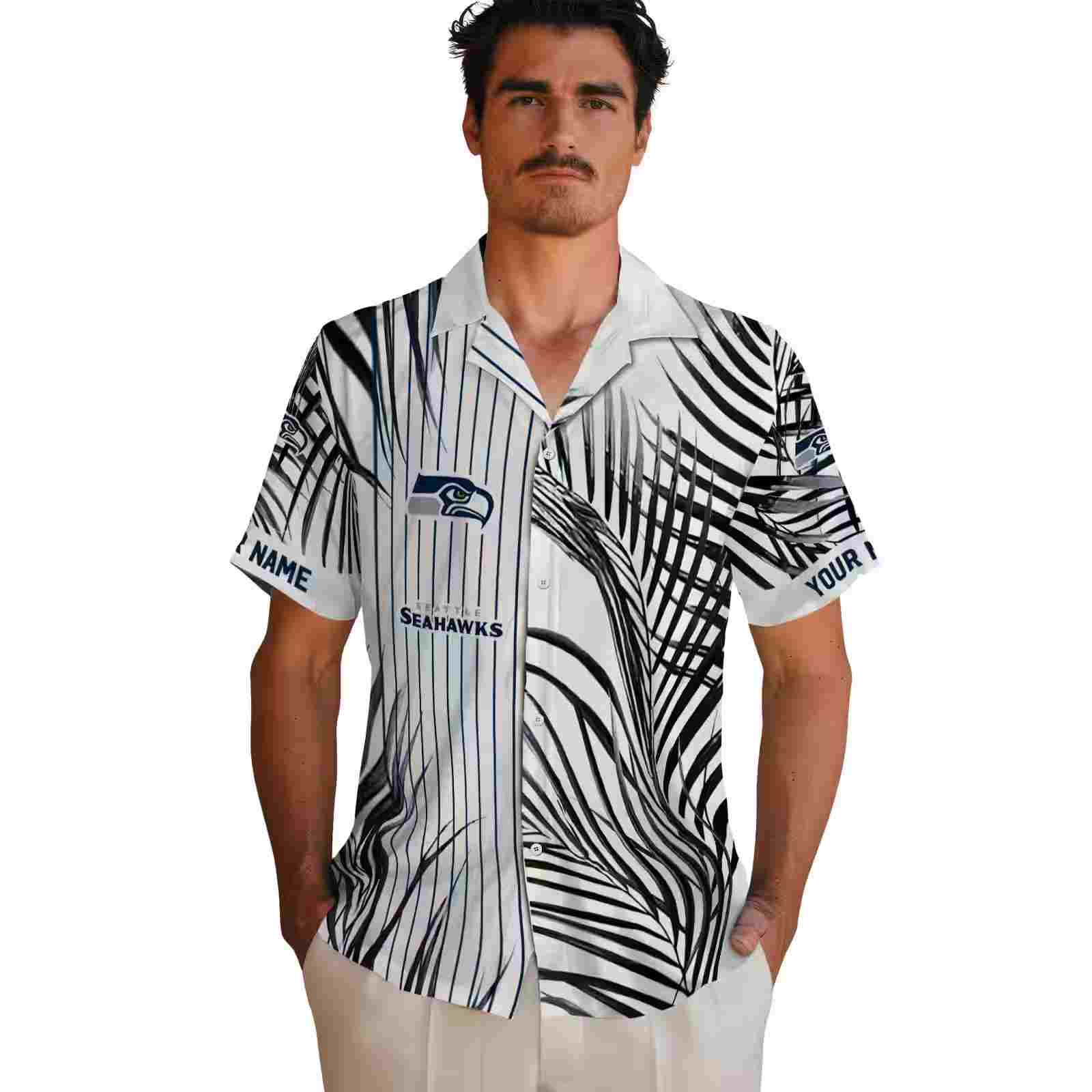 seattle seahawks palm stripes blue black white hawaiian shirt fashion forward