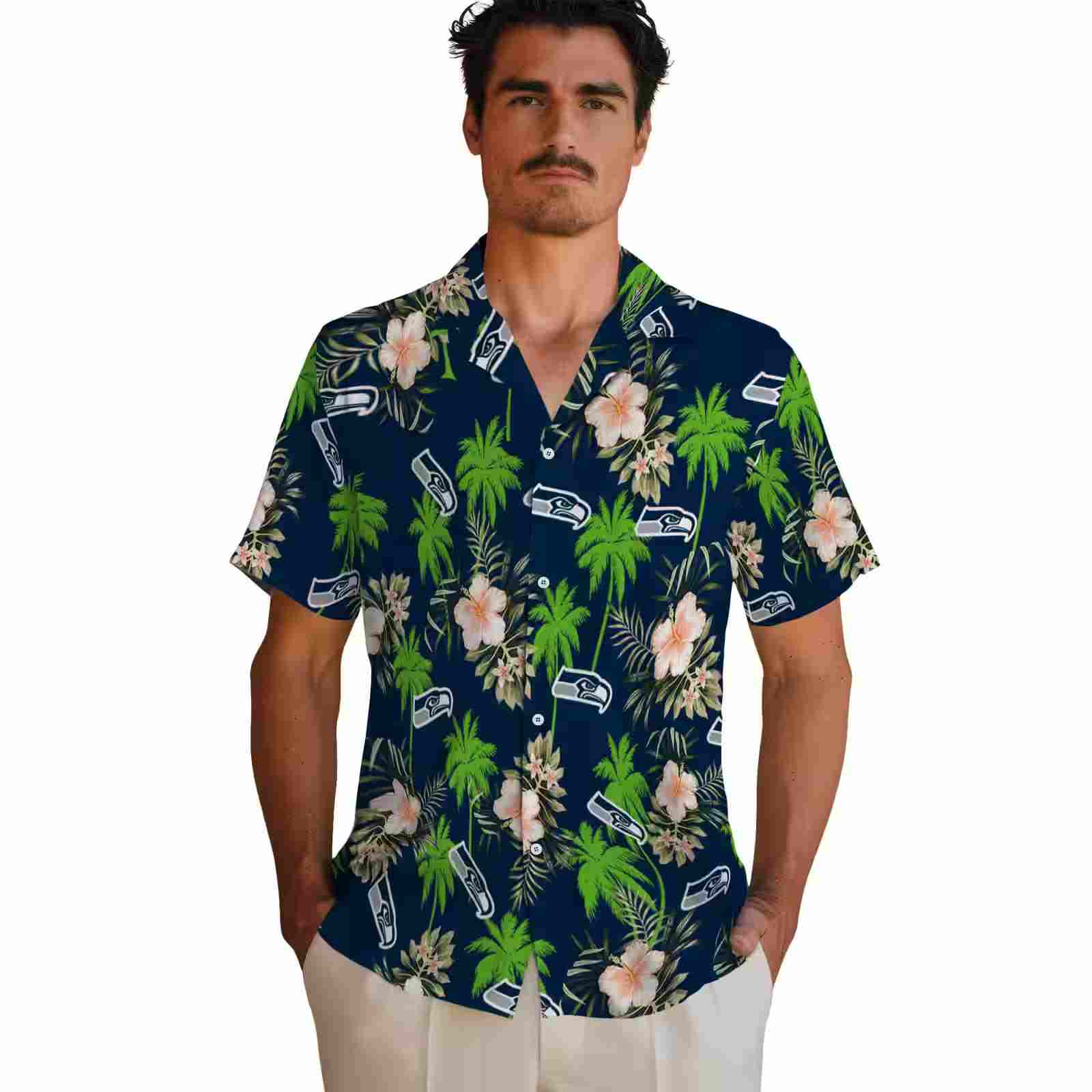 seattle seahawks palm tree flower blue hawaiian shirt fashion forward