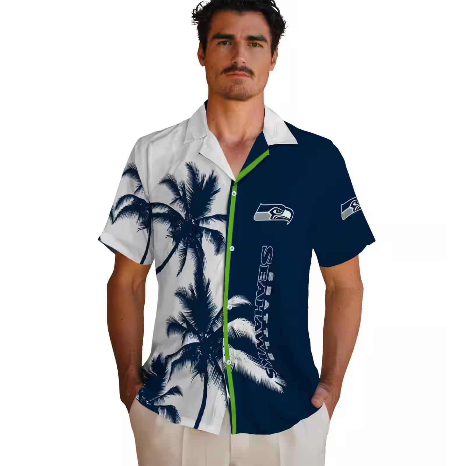 seattle seahawks palm trees blue white hawaiian shirt fashion forward