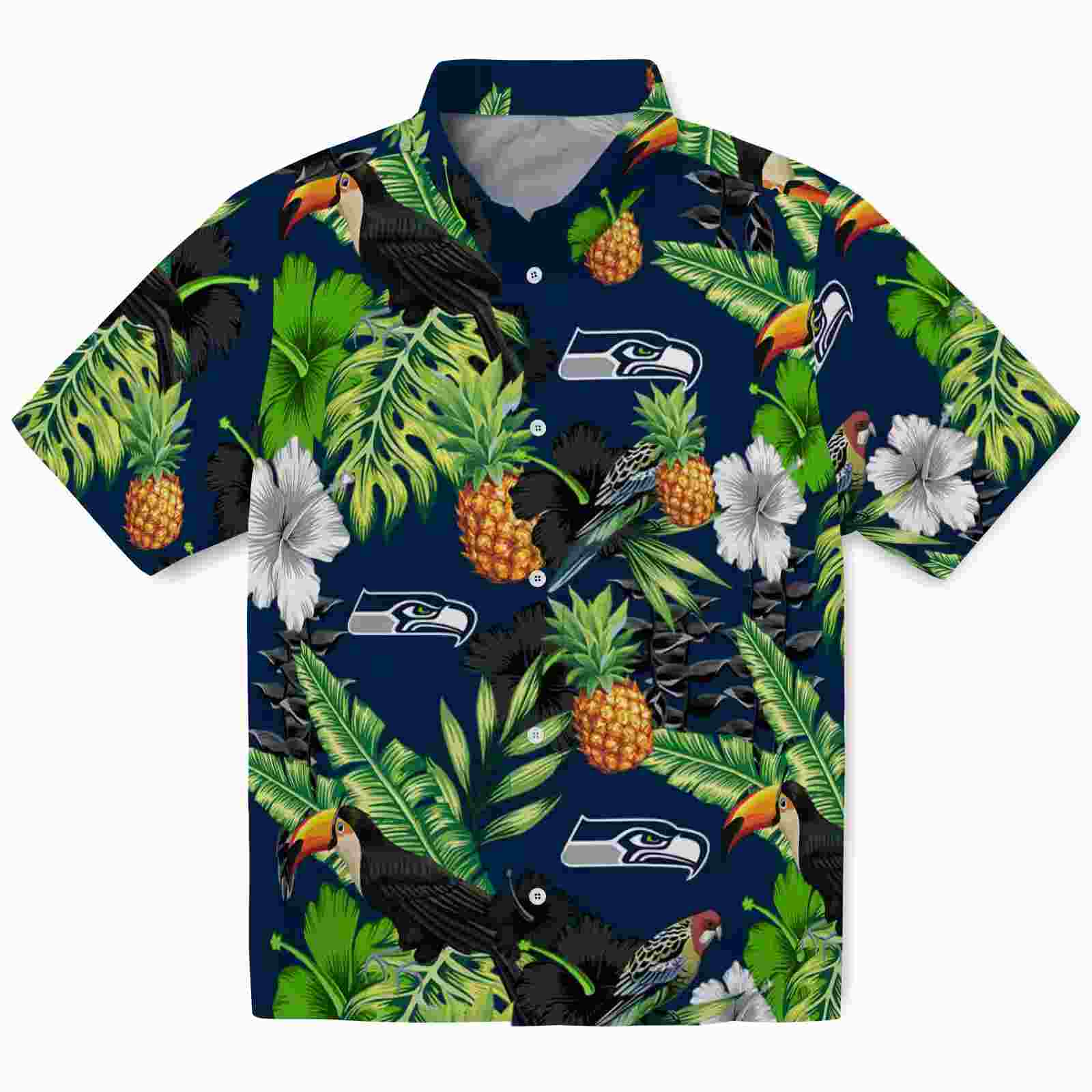 Seattle Seahawks Toucan Hibiscus Pineapple Blue Green Hawaiian Shirt