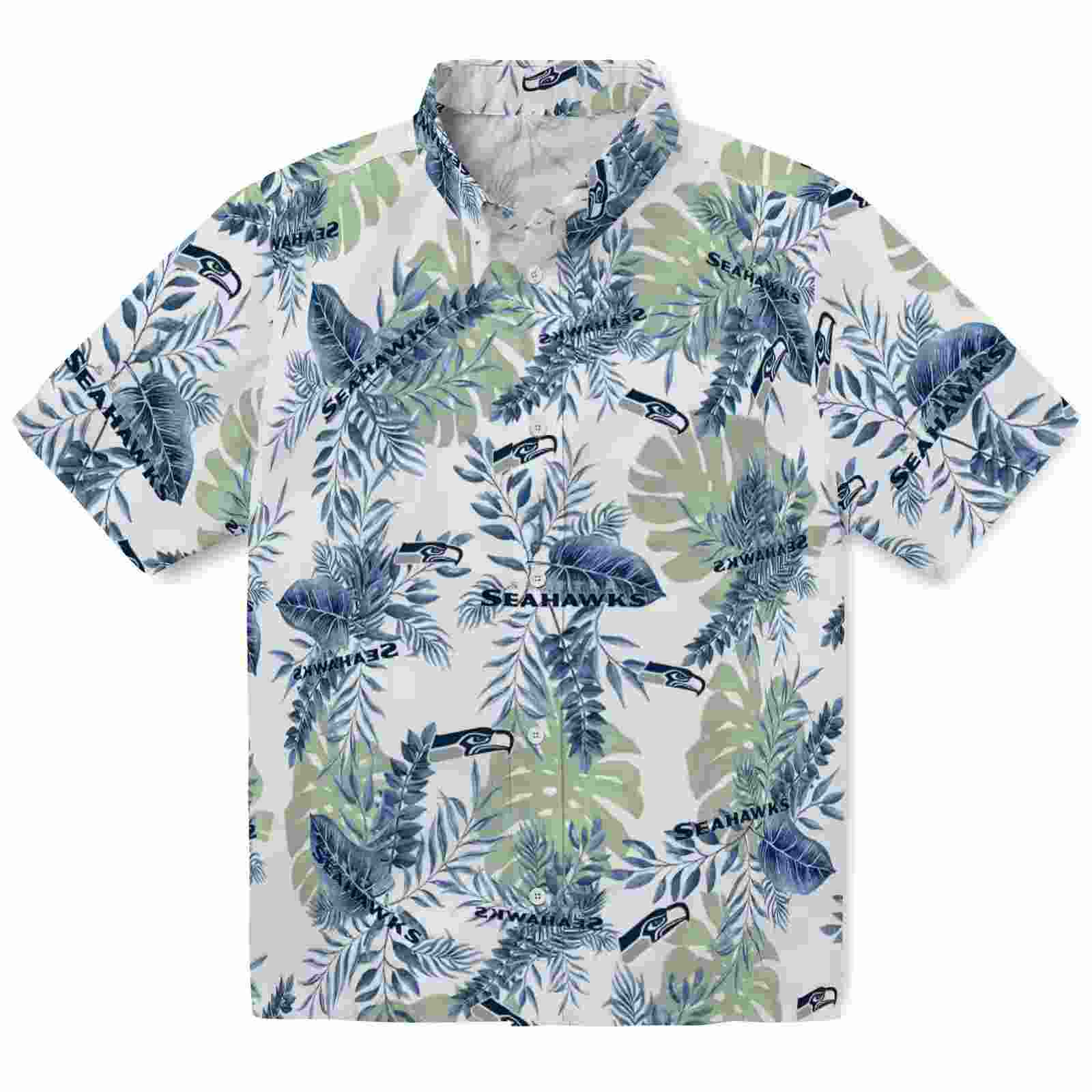 Seattle Seahawks Tropical Leaves Blue White Hawaiian Shirt