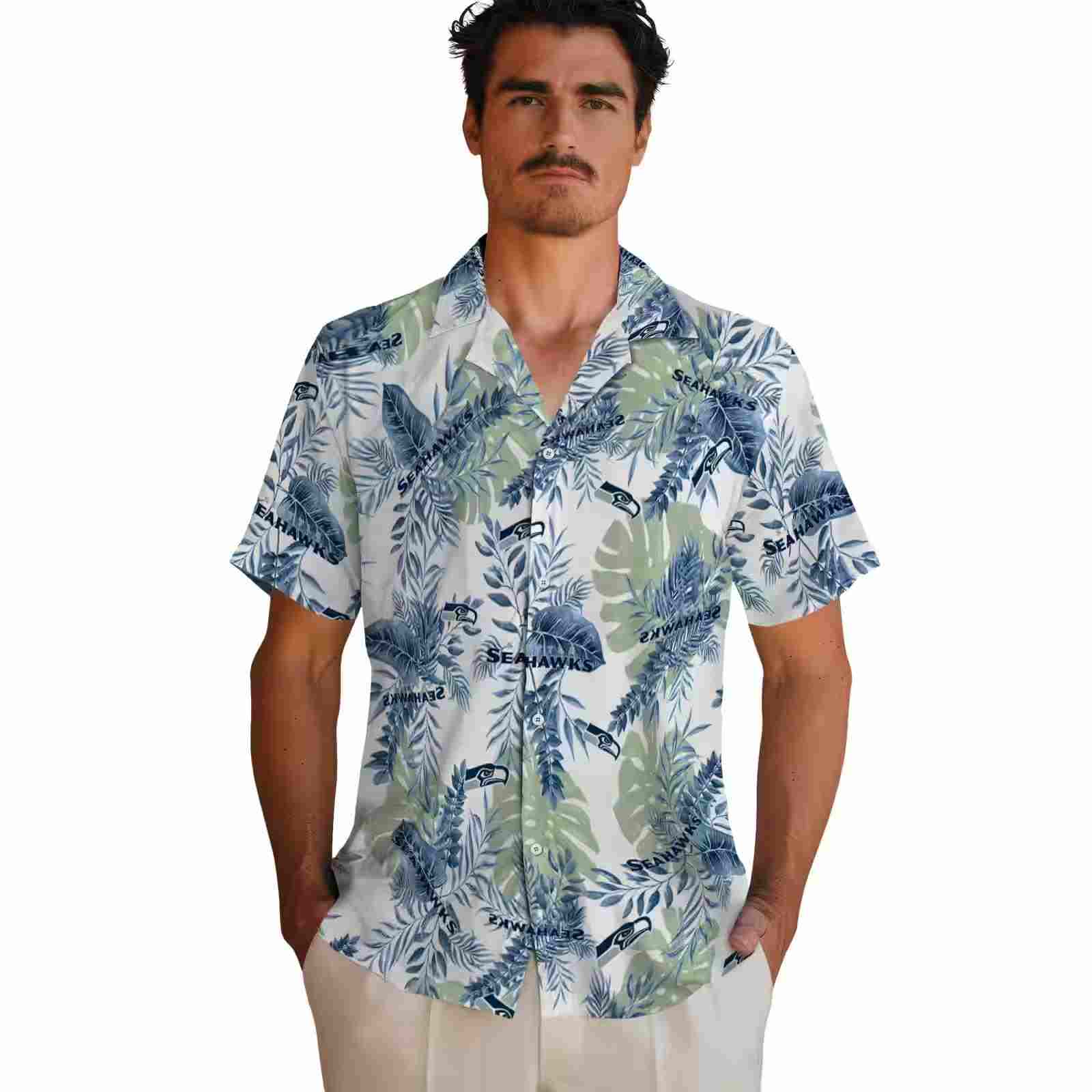 seattle seahawks tropical leaves blue white hawaiian shirt fashion forward