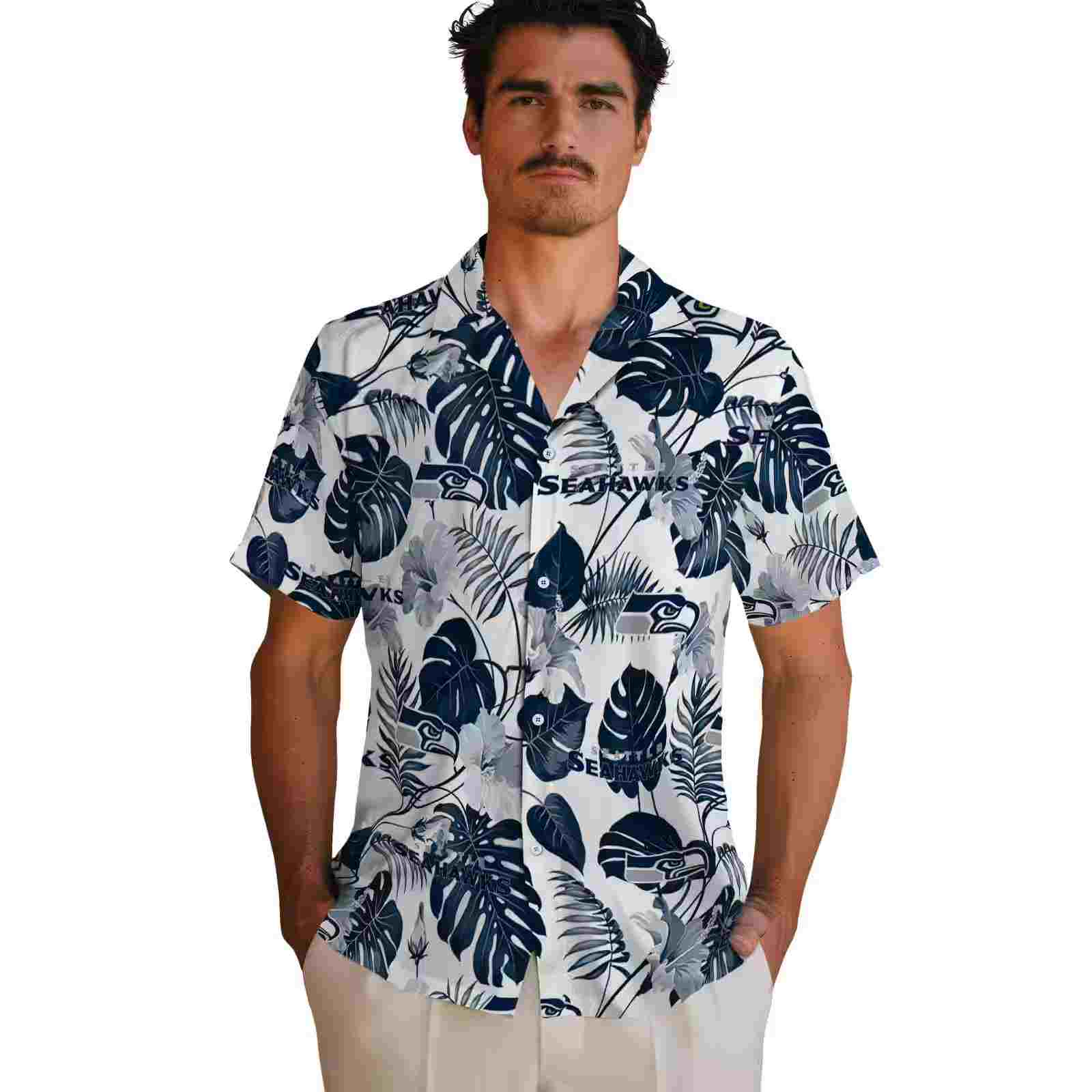 seattle seahawks tropical plants blue white hawaiian shirt fashion forward