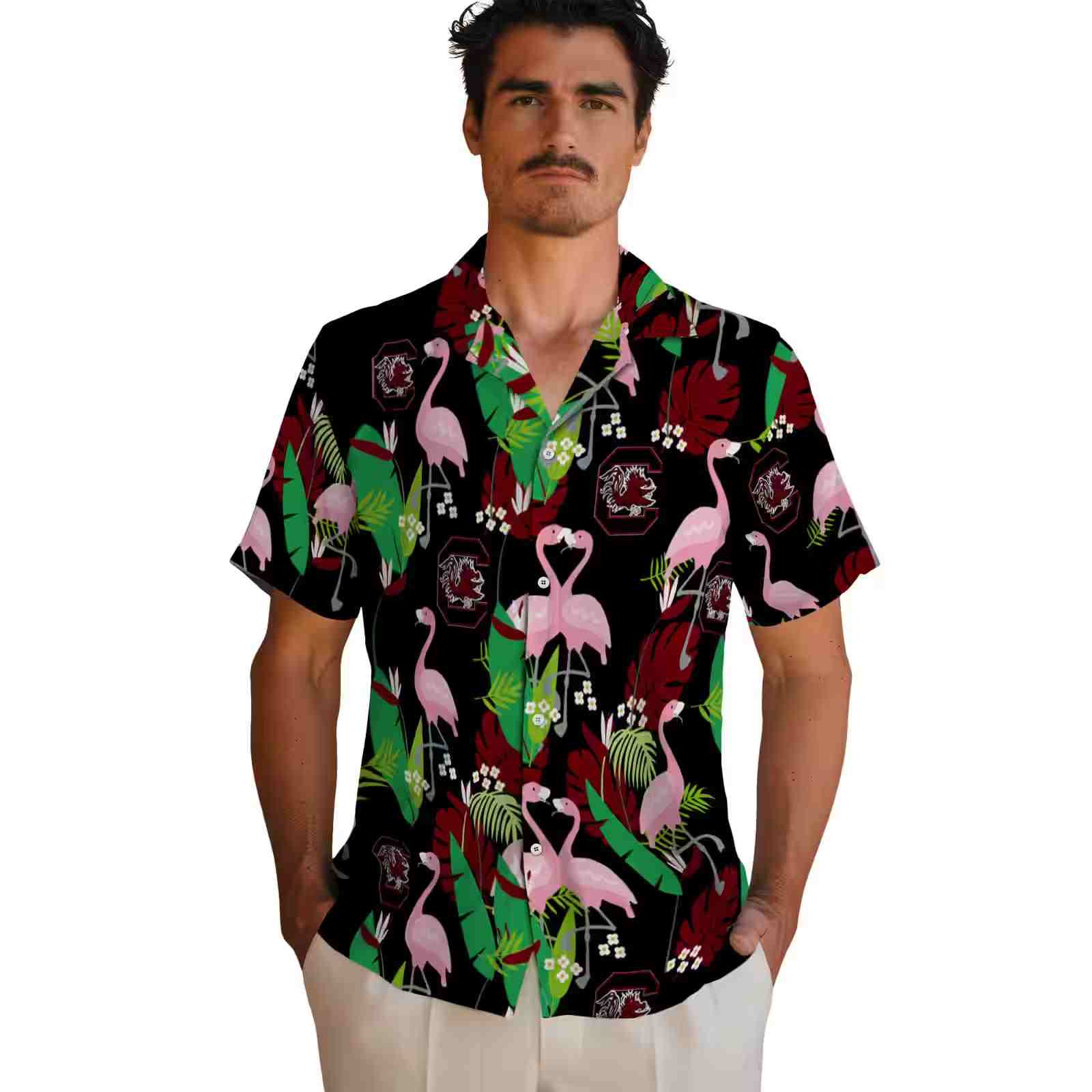 south carolina gamecocks flamingo foliage garnet green hawaiian shirt fashion forward