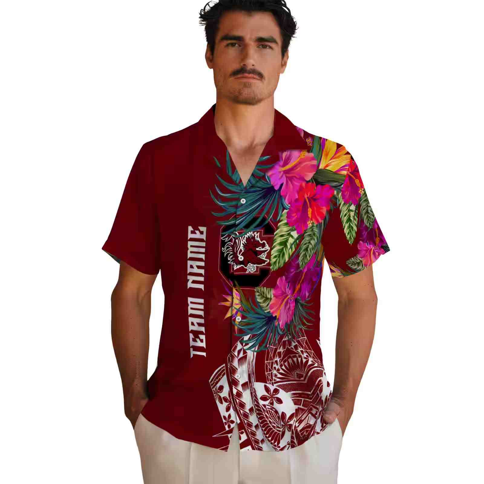 south carolina gamecocks floral polynesian garnet hawaiian shirt fashion forward