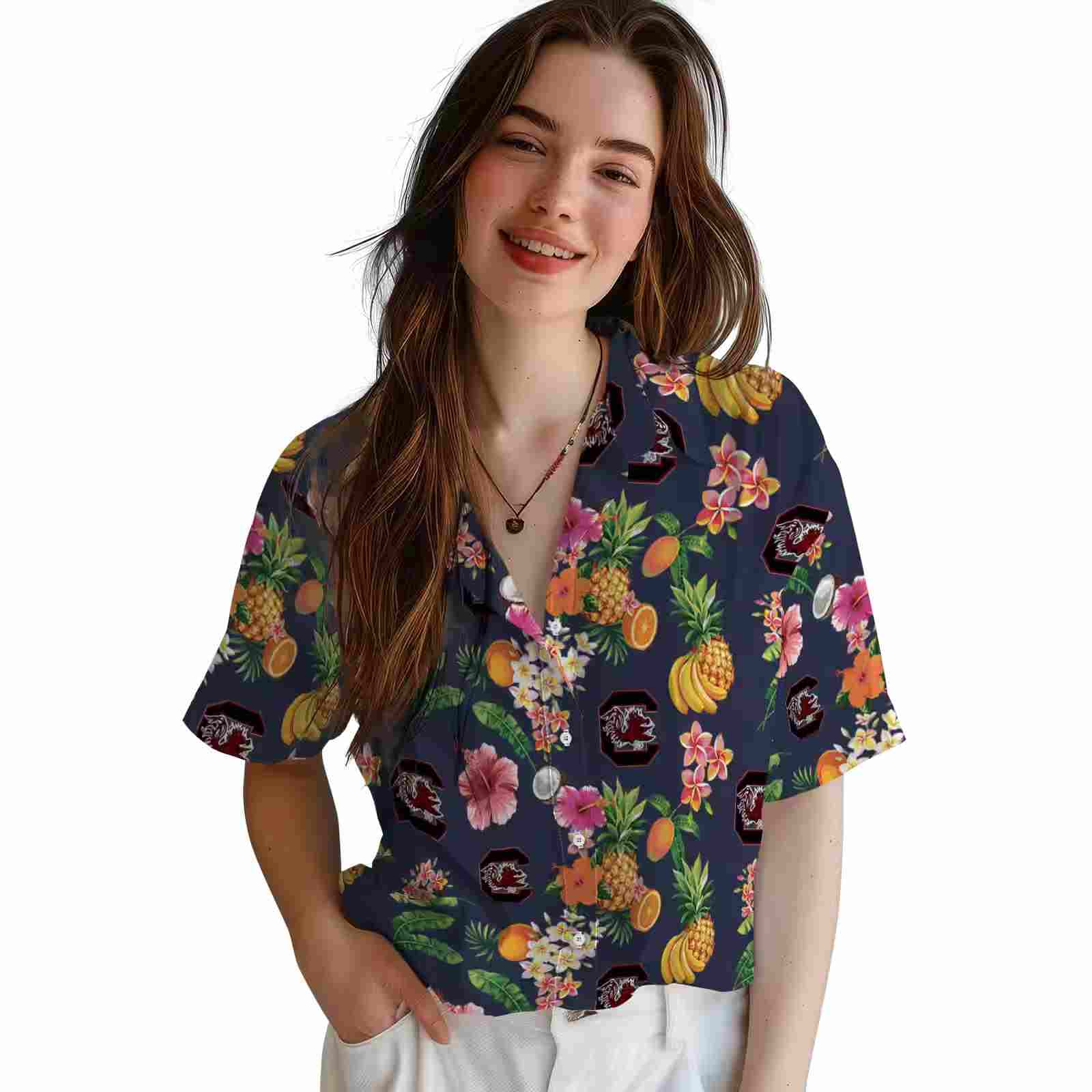 south carolina gamecocks hibiscus and fruit navy blue hawaiian shirt latest model