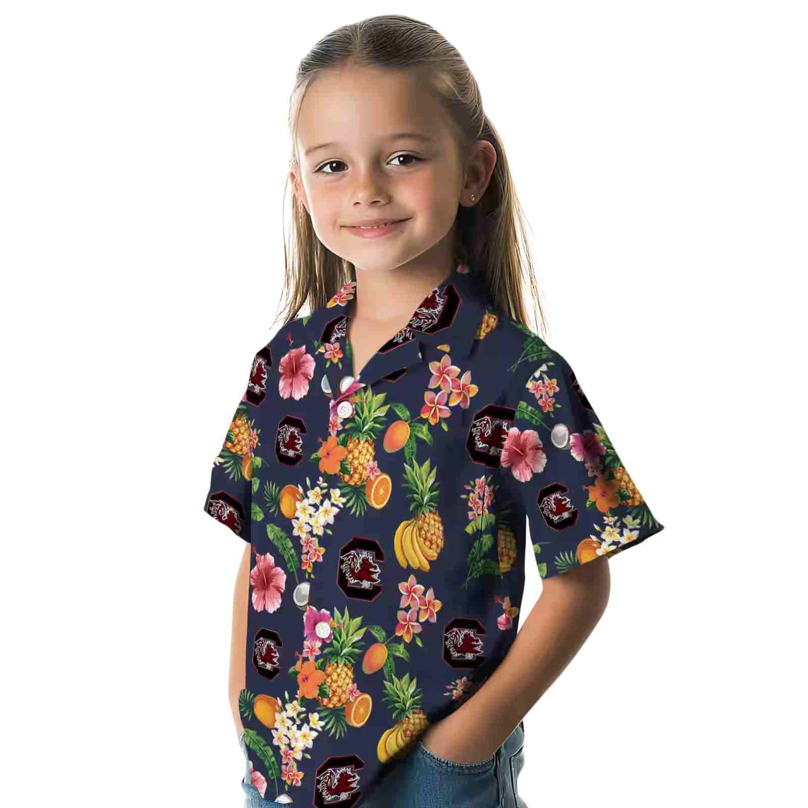 south carolina gamecocks hibiscus and fruit navy blue hawaiian shirt premium grade