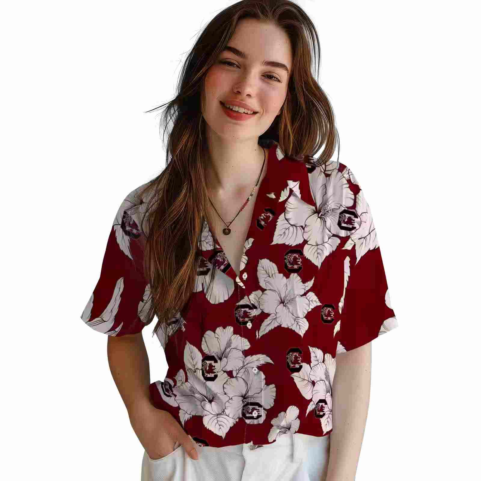 south carolina gamecocks hibiscus blooms garnet white hawaiian shirt latest model