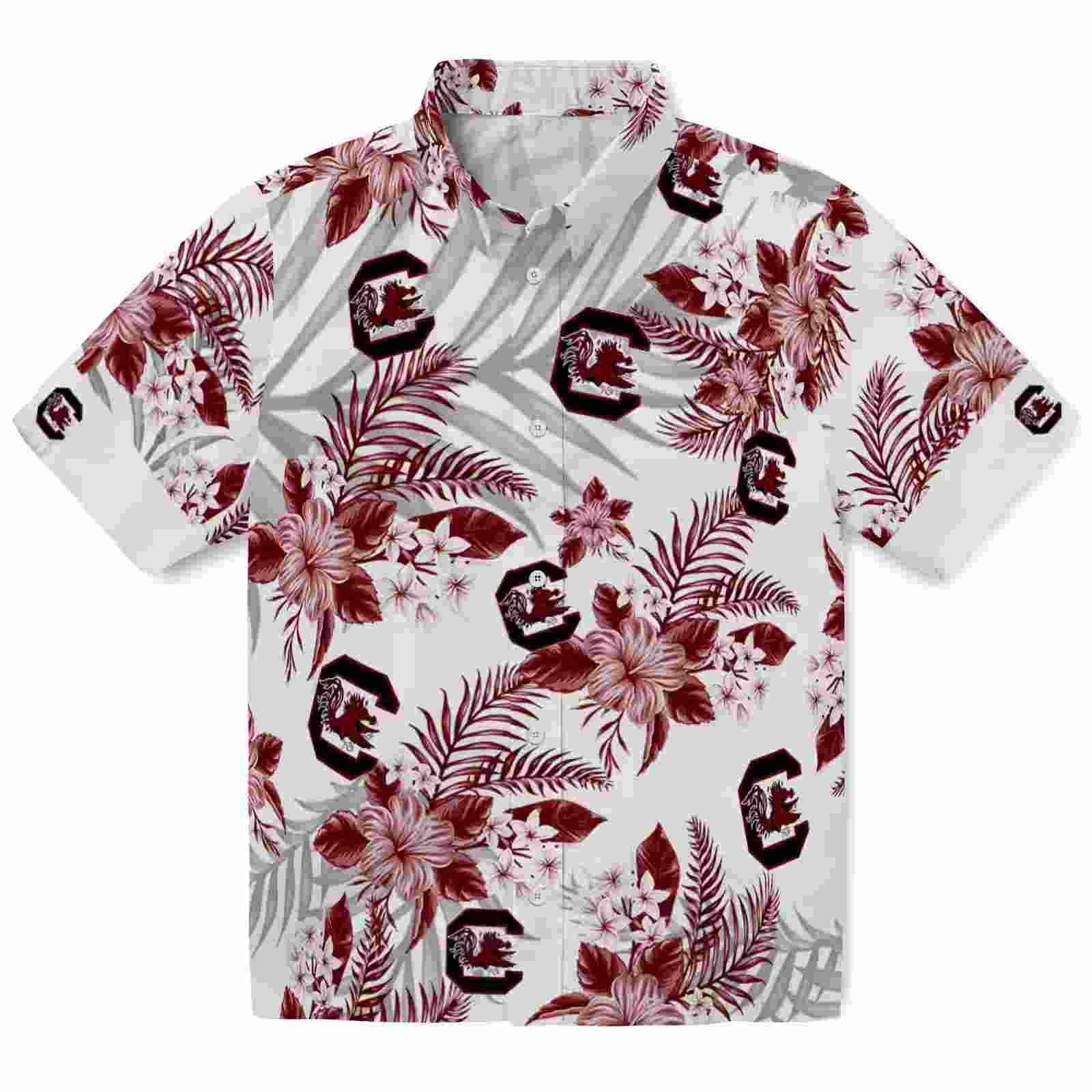 South Carolina Gamecocks Hibiscus Palm Leaves Garnet White Hawaiian Shirt