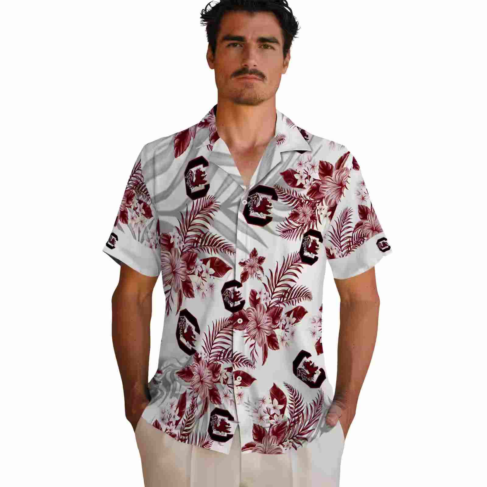 south carolina gamecocks hibiscus palm leaves garnet white hawaiian shirt fashion forward