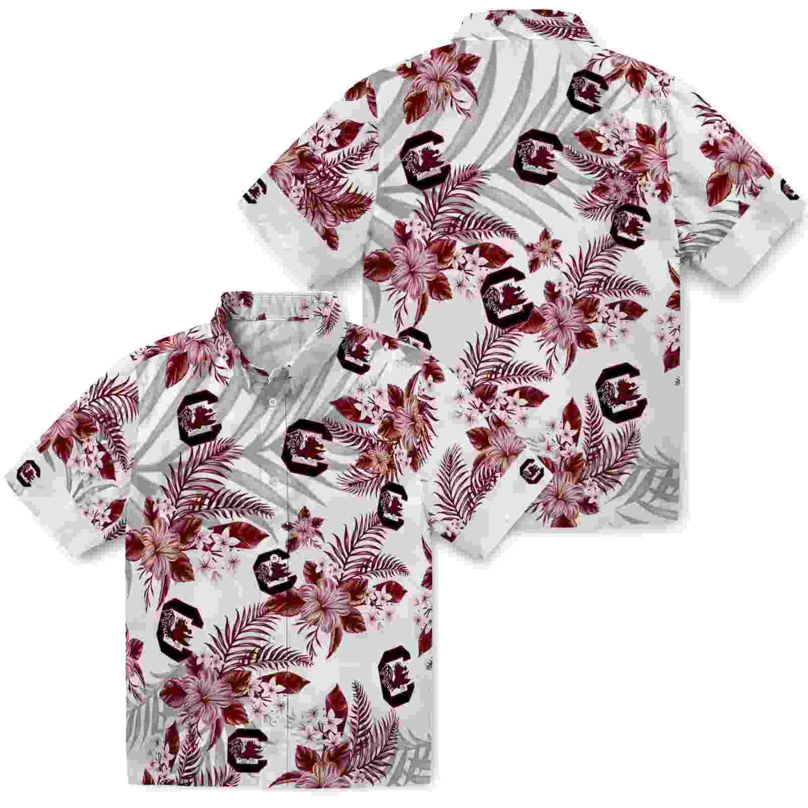 south carolina gamecocks hibiscus palm leaves garnet white hawaiian shirt high quality