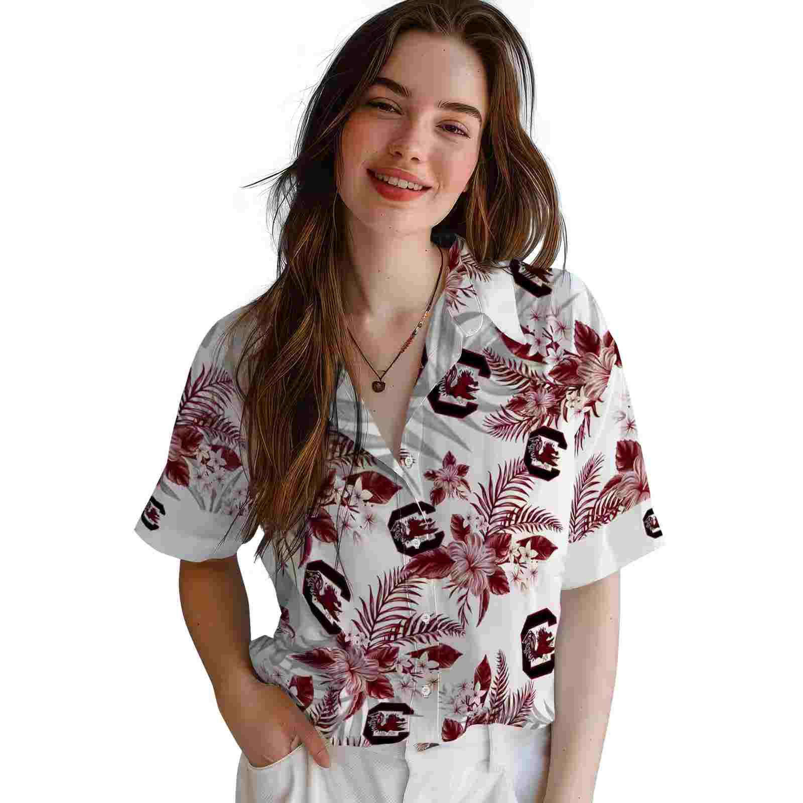 south carolina gamecocks hibiscus palm leaves garnet white hawaiian shirt latest model