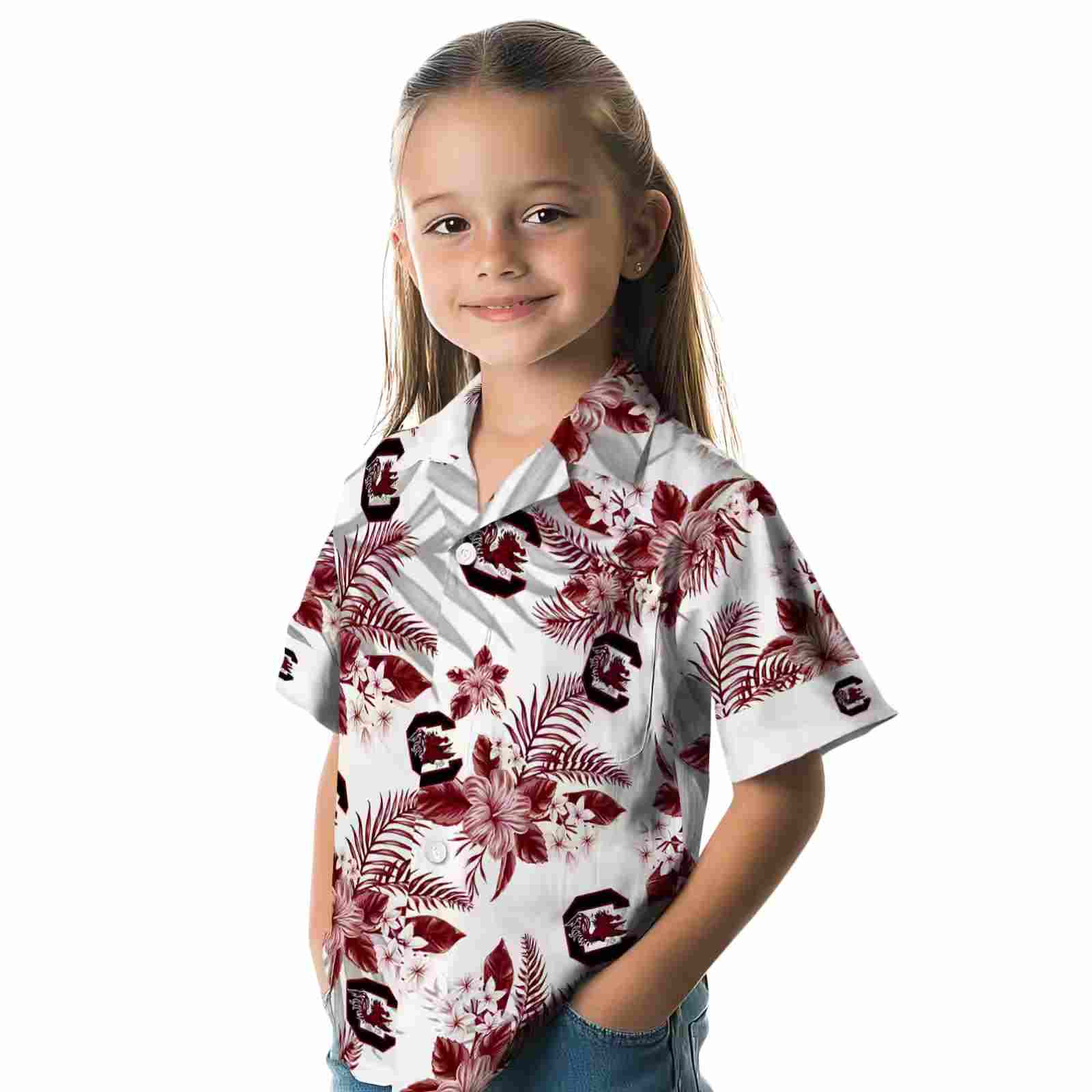 south carolina gamecocks hibiscus palm leaves garnet white hawaiian shirt premium grade