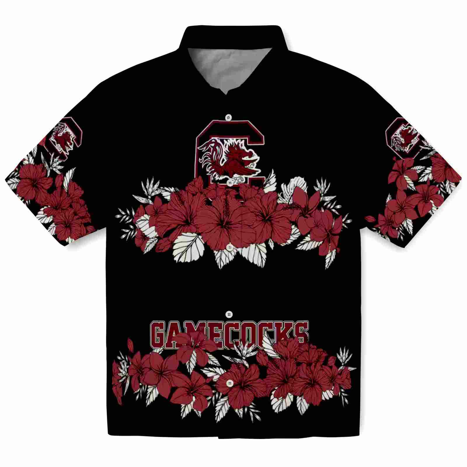 South Carolina Gamecocks Hibiscus Stripe Garnet Black Hawaiian Shirt