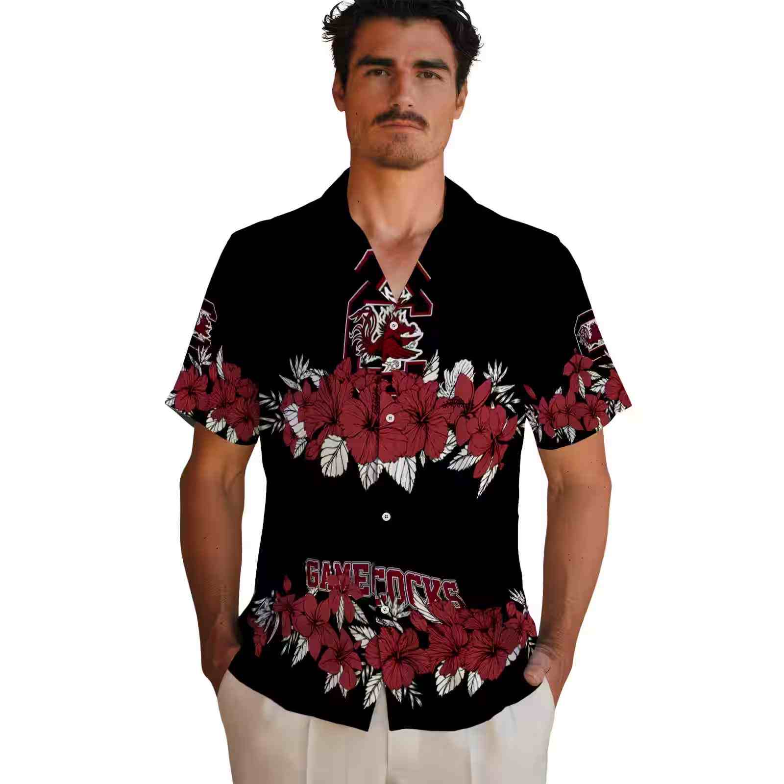 south carolina gamecocks hibiscus stripe garnet black hawaiian shirt fashion forward