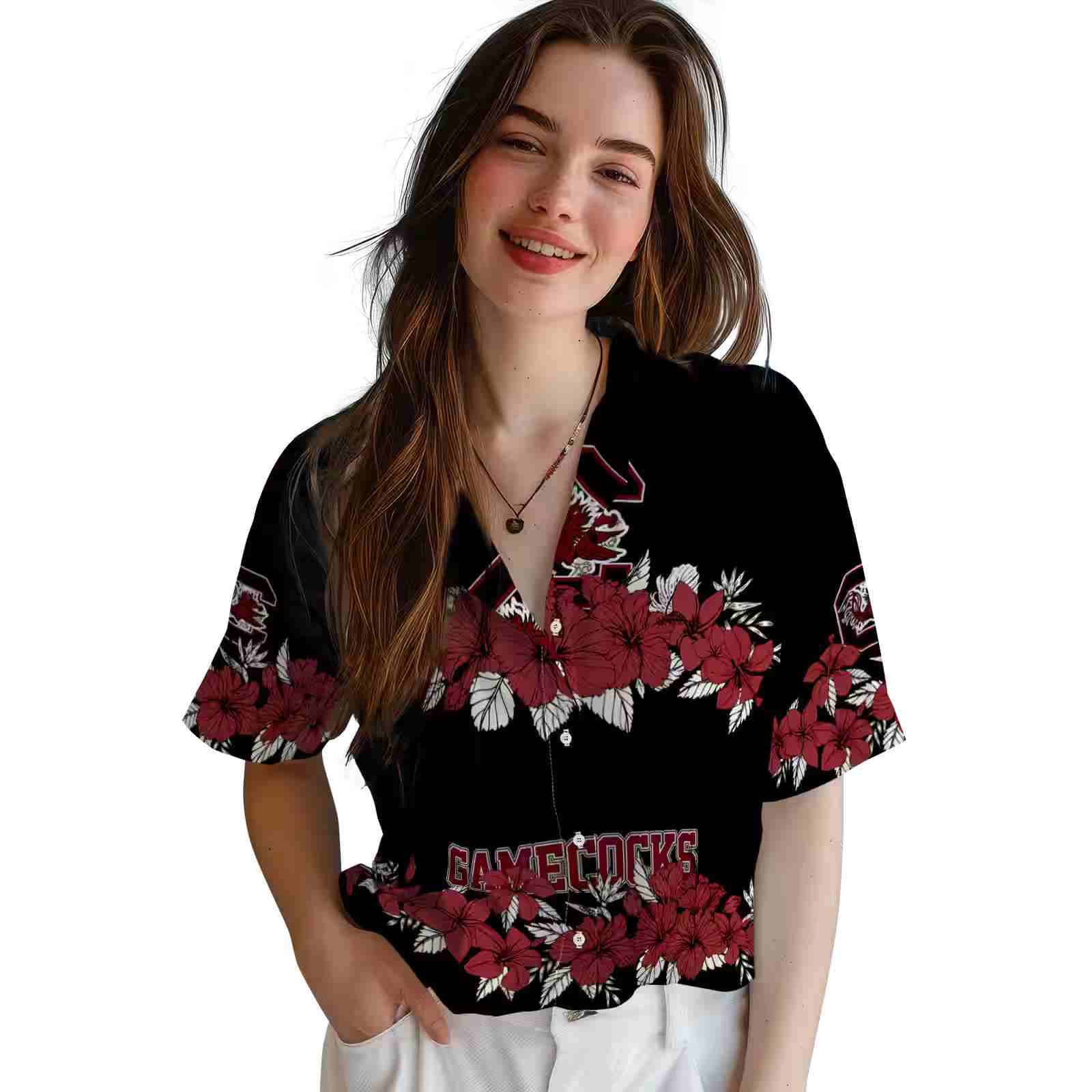 south carolina gamecocks hibiscus stripe garnet black hawaiian shirt latest model