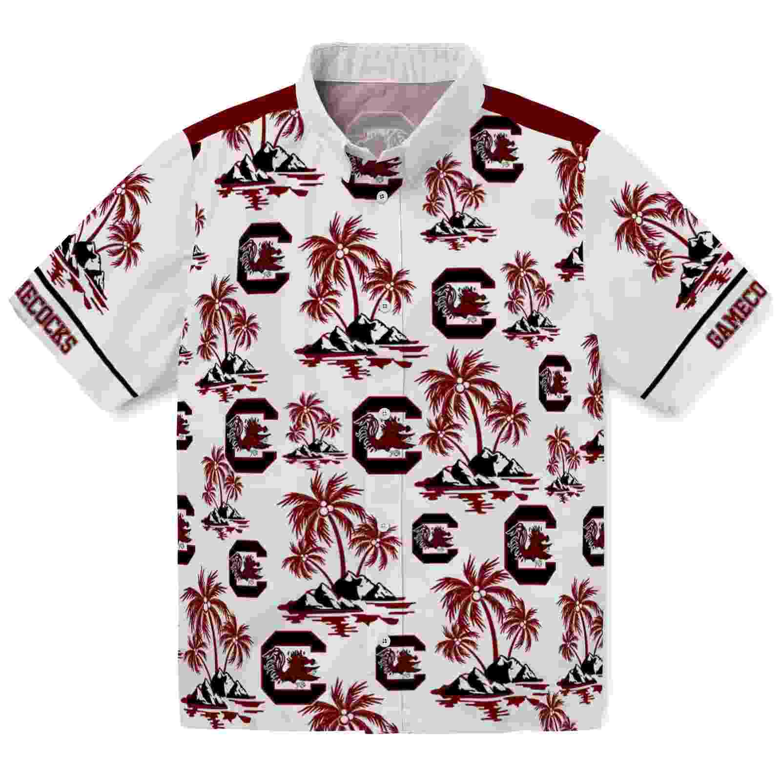 South Carolina Gamecocks Palm Island Print Garnet White Hawaiian Shirt