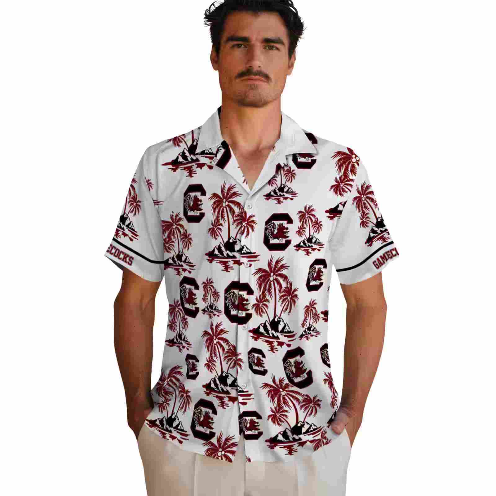 south carolina gamecocks palm island print garnet white hawaiian shirt fashion forward