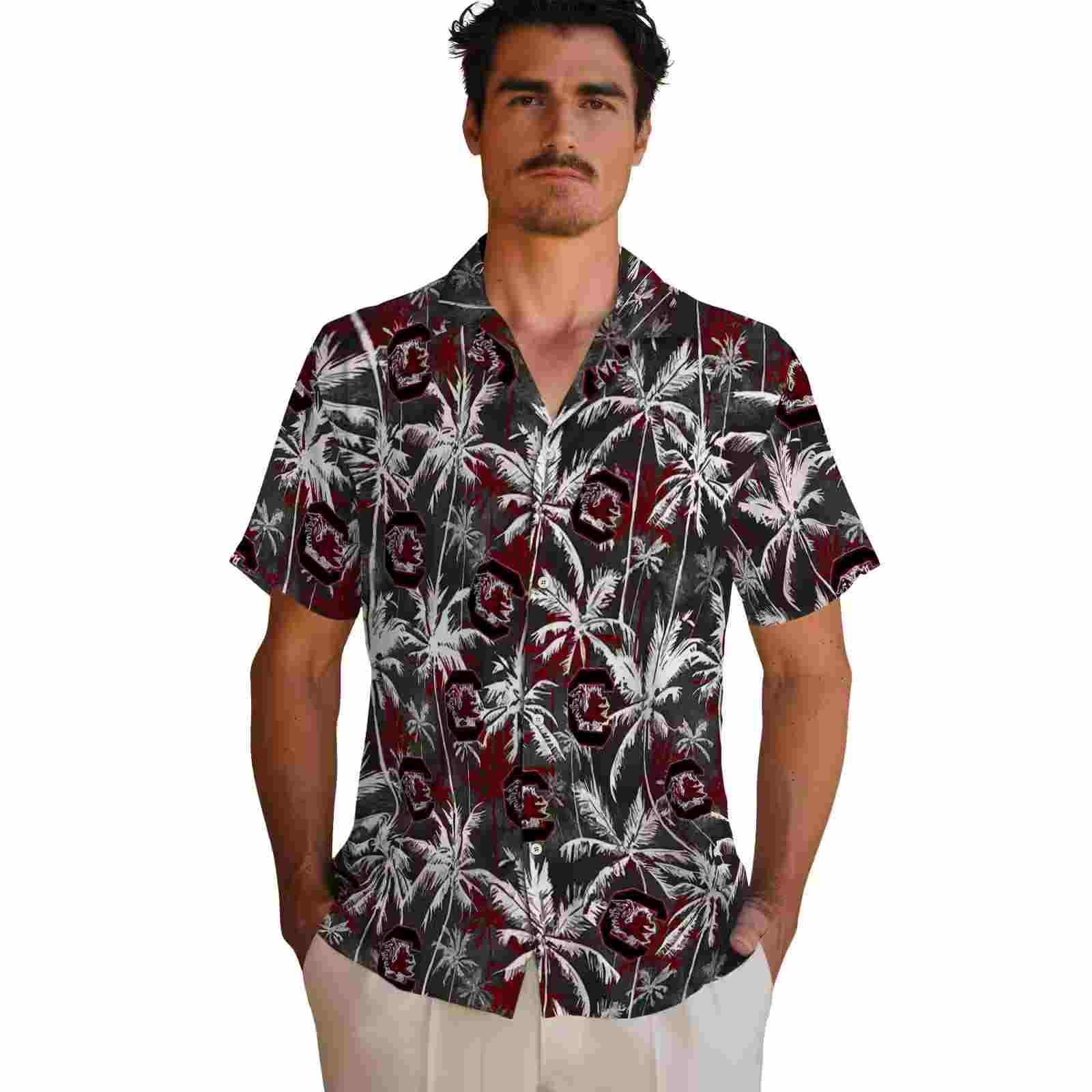 south carolina gamecocks palm pattern garnet black hawaiian shirt fashion forward