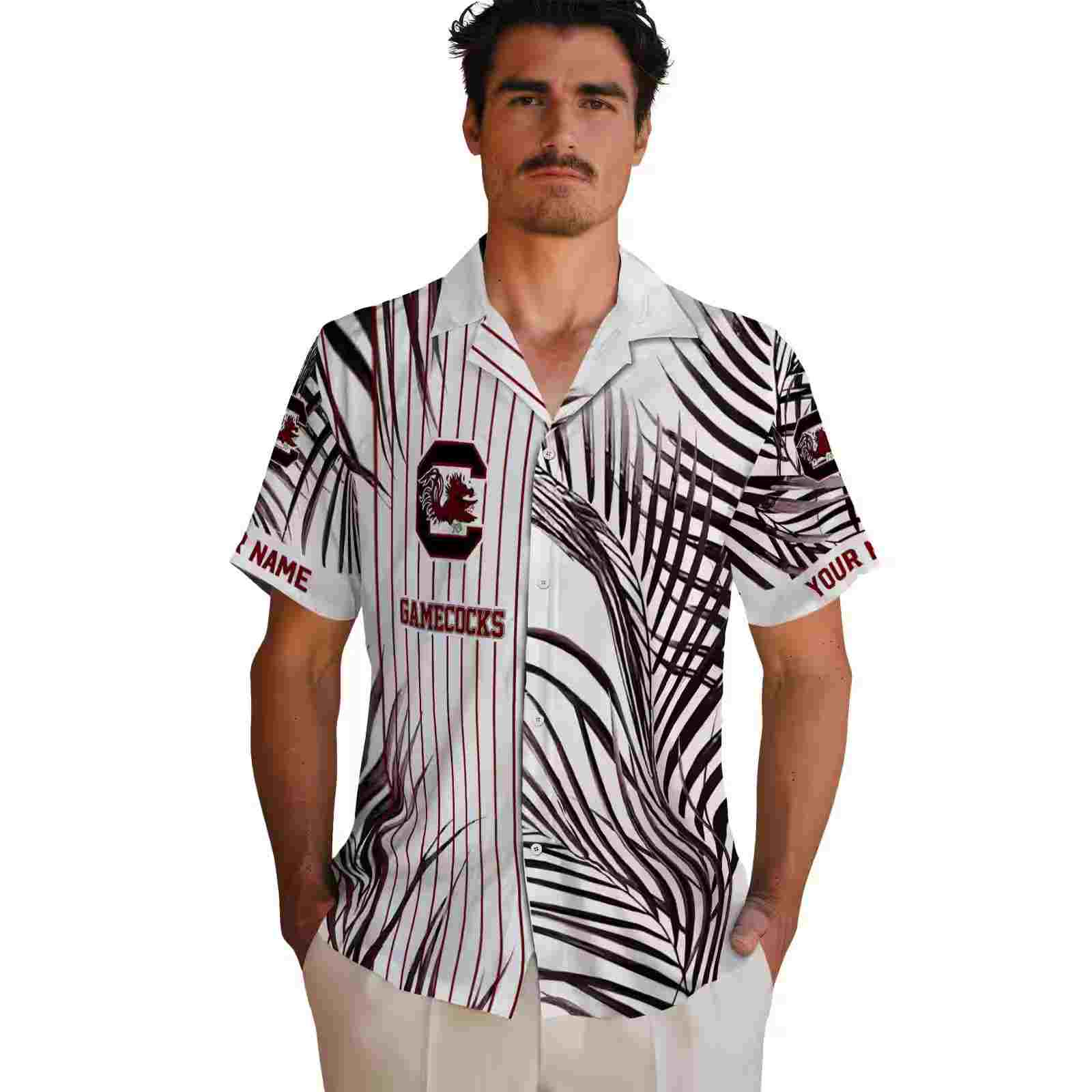 south carolina gamecocks palm stripes garnet black white hawaiian shirt fashion forward