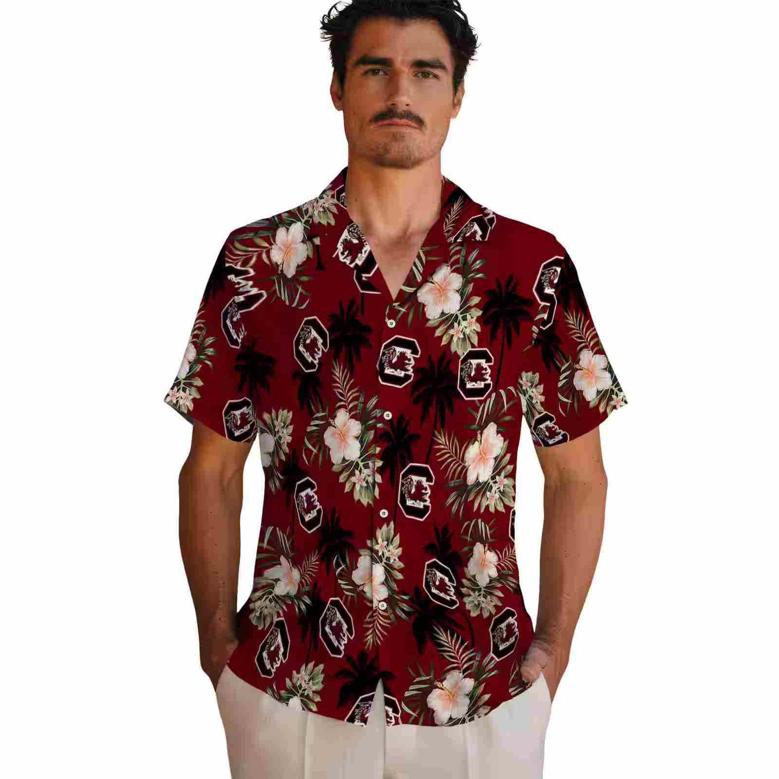 south carolina gamecocks palm tree flower garnet hawaiian shirt fashion forward