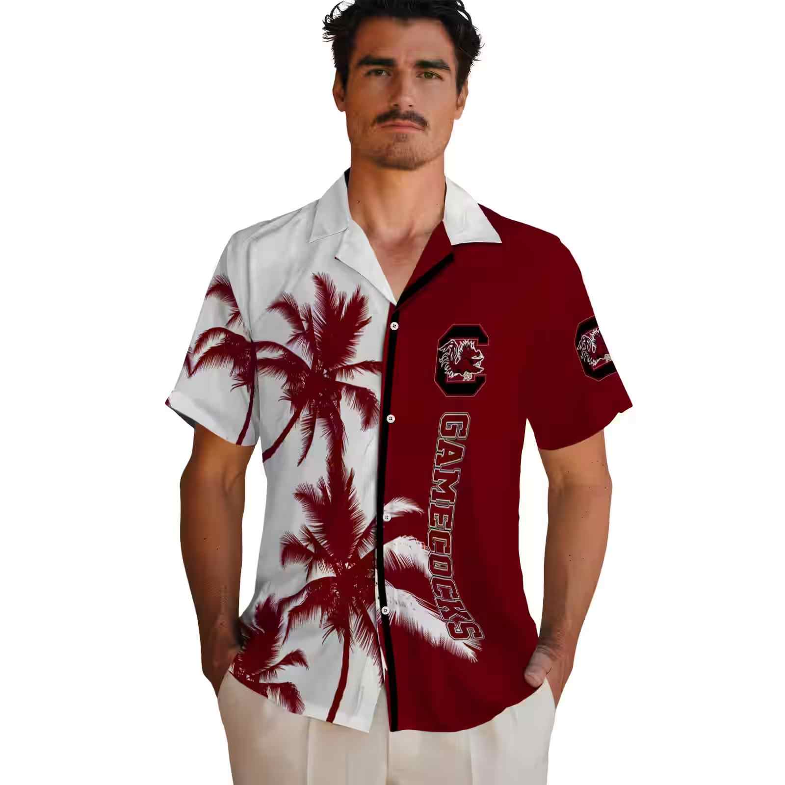 south carolina gamecocks palm trees garnet white hawaiian shirt fashion forward