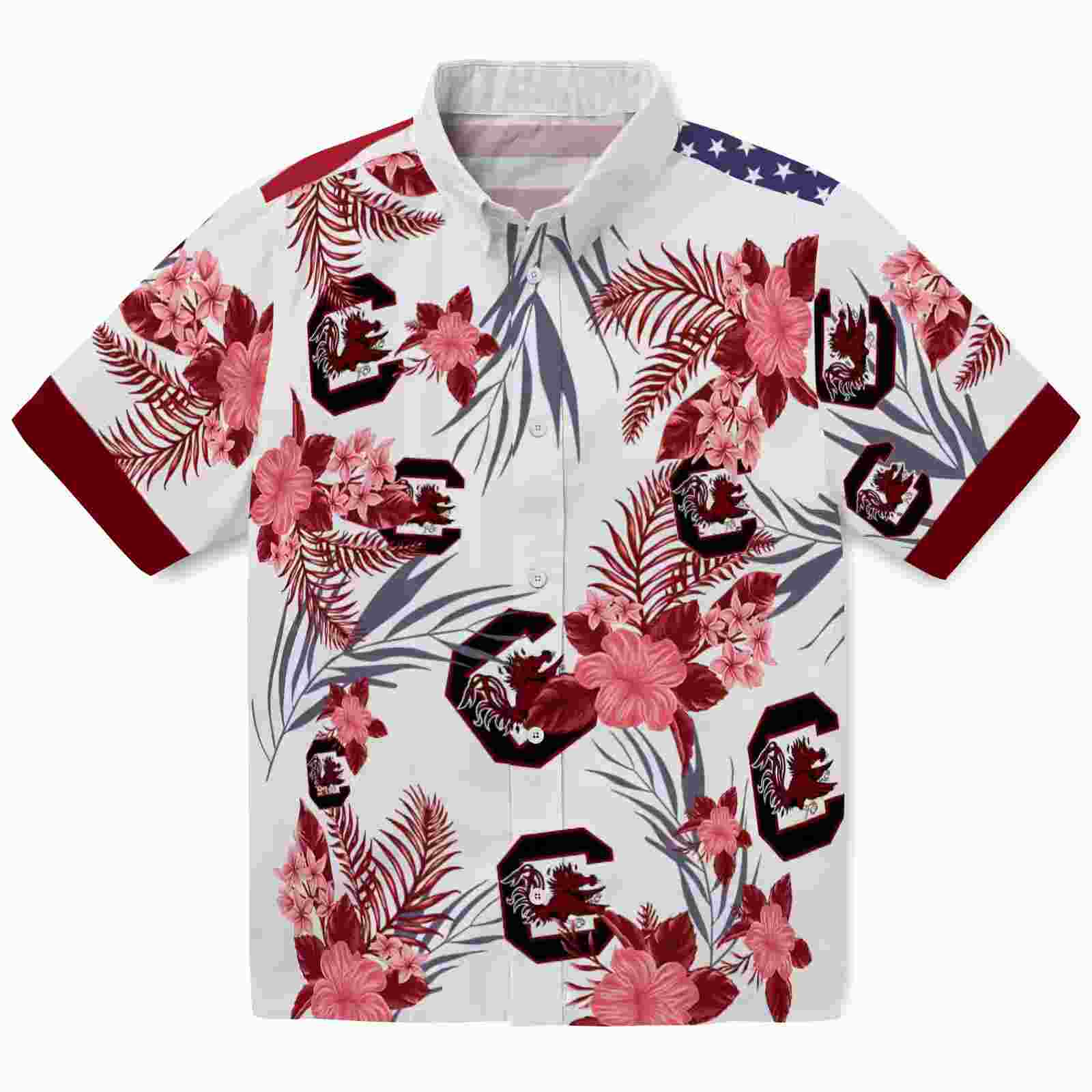 South Carolina Gamecocks Patriotic Hibiscus Design Garnet White Hawaiian Shirt