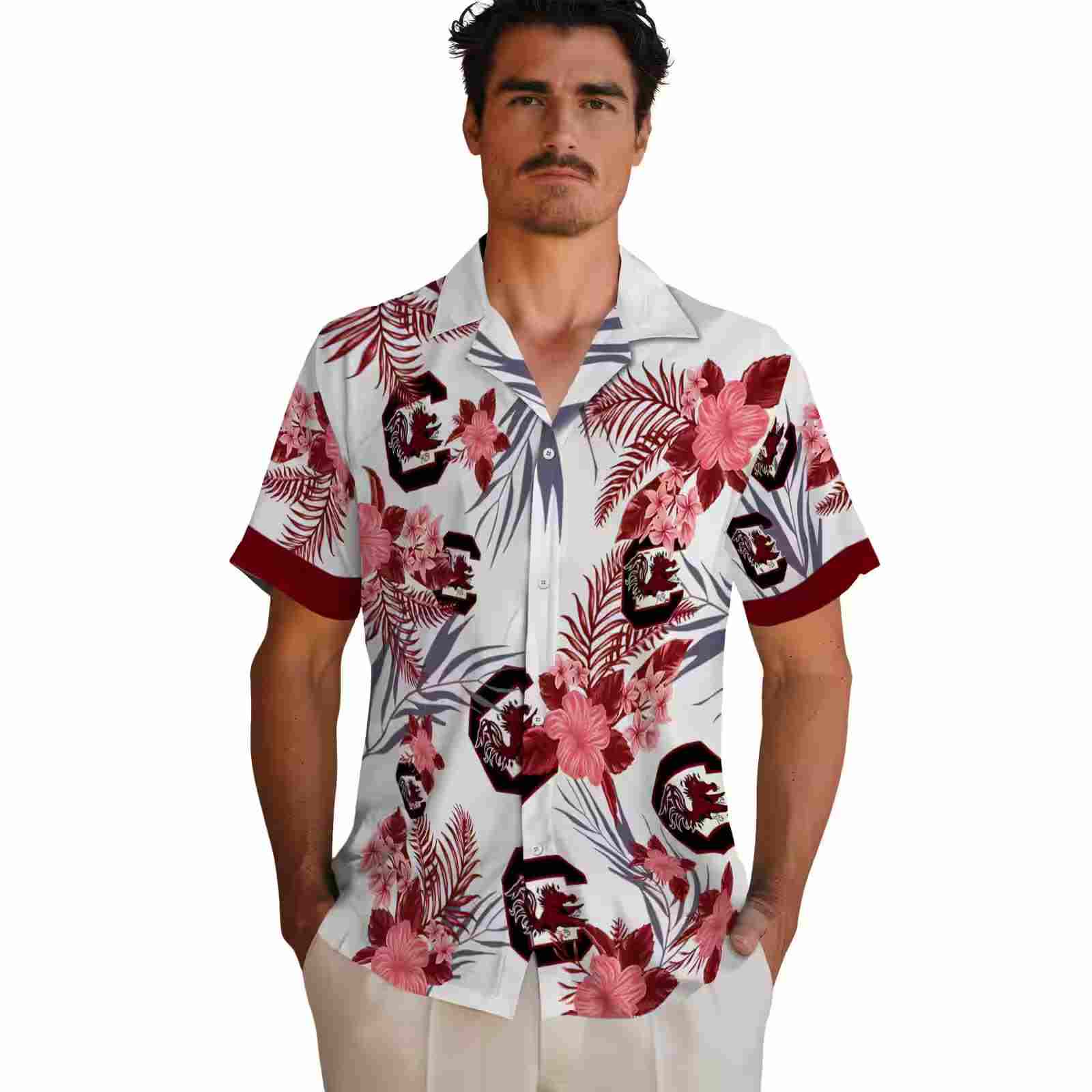 south carolina gamecocks patriotic hibiscus design garnet white hawaiian shirt fashion forward