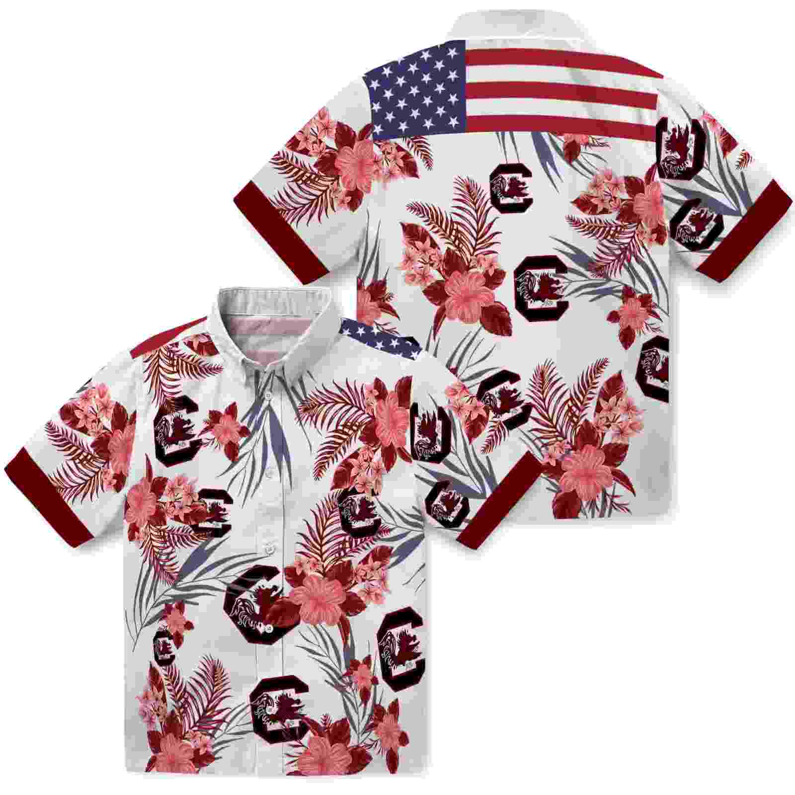 south carolina gamecocks patriotic hibiscus design garnet white hawaiian shirt high quality