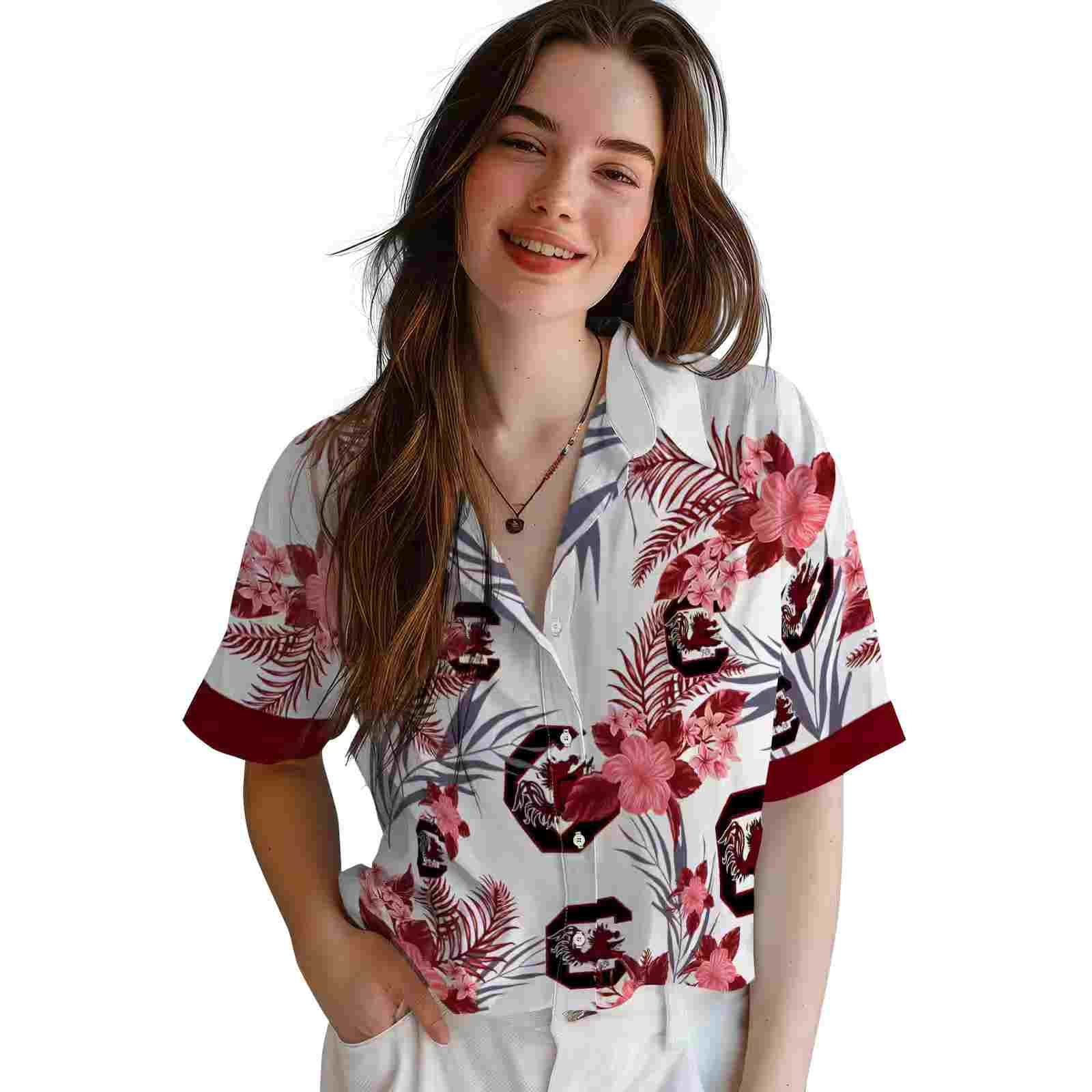 south carolina gamecocks patriotic hibiscus design garnet white hawaiian shirt latest model