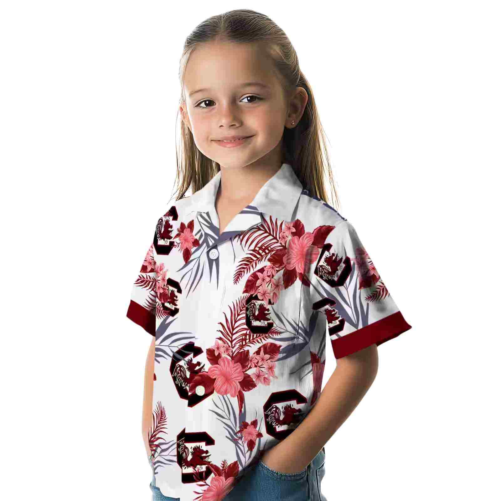 south carolina gamecocks patriotic hibiscus design garnet white hawaiian shirt premium grade