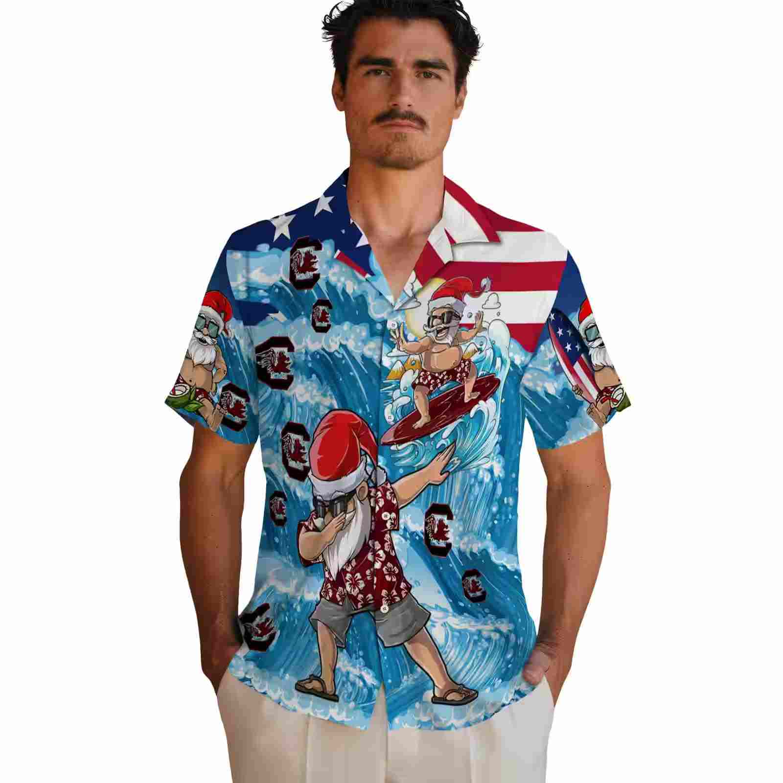 south carolina gamecocks surfing santa blue hawaiian shirt fashion forward