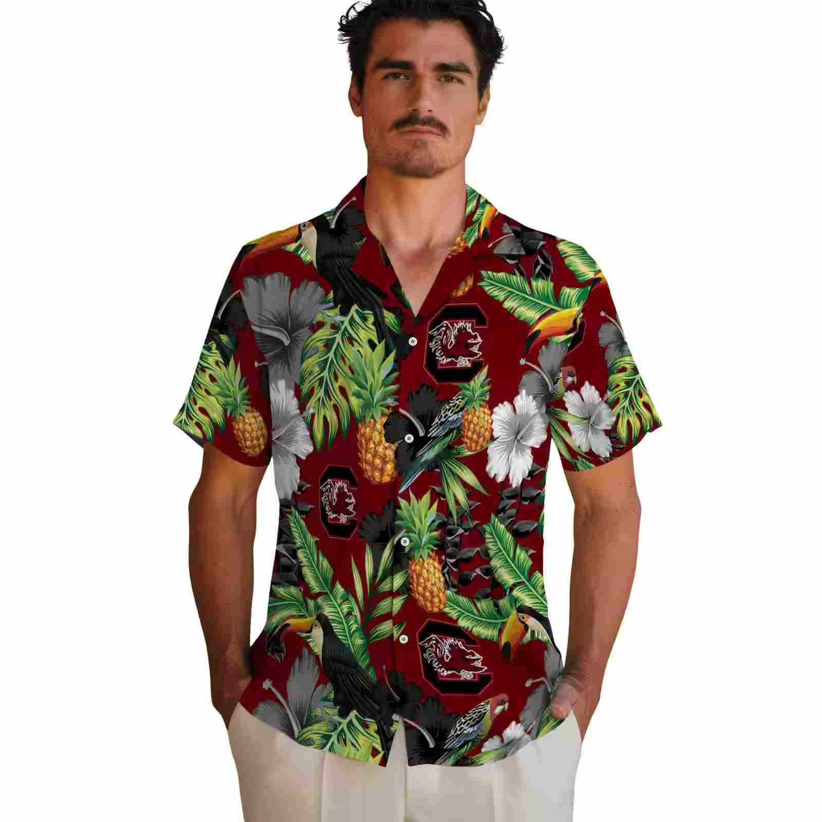 south carolina gamecocks toucan hibiscus pineapple garnet green hawaiian shirt fashion forward