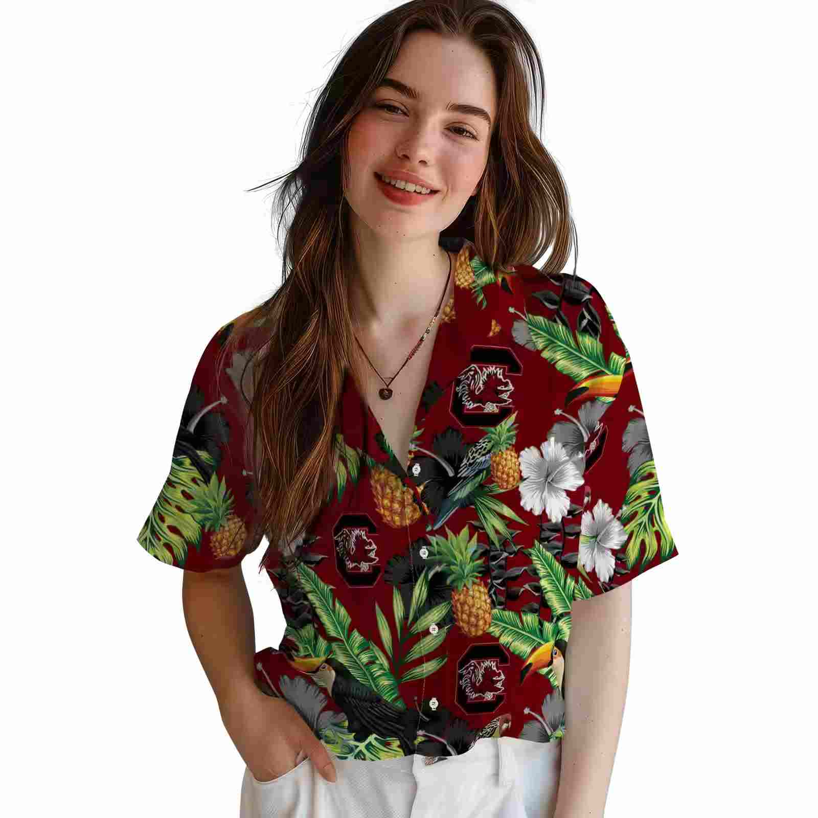 south carolina gamecocks toucan hibiscus pineapple garnet green hawaiian shirt latest model