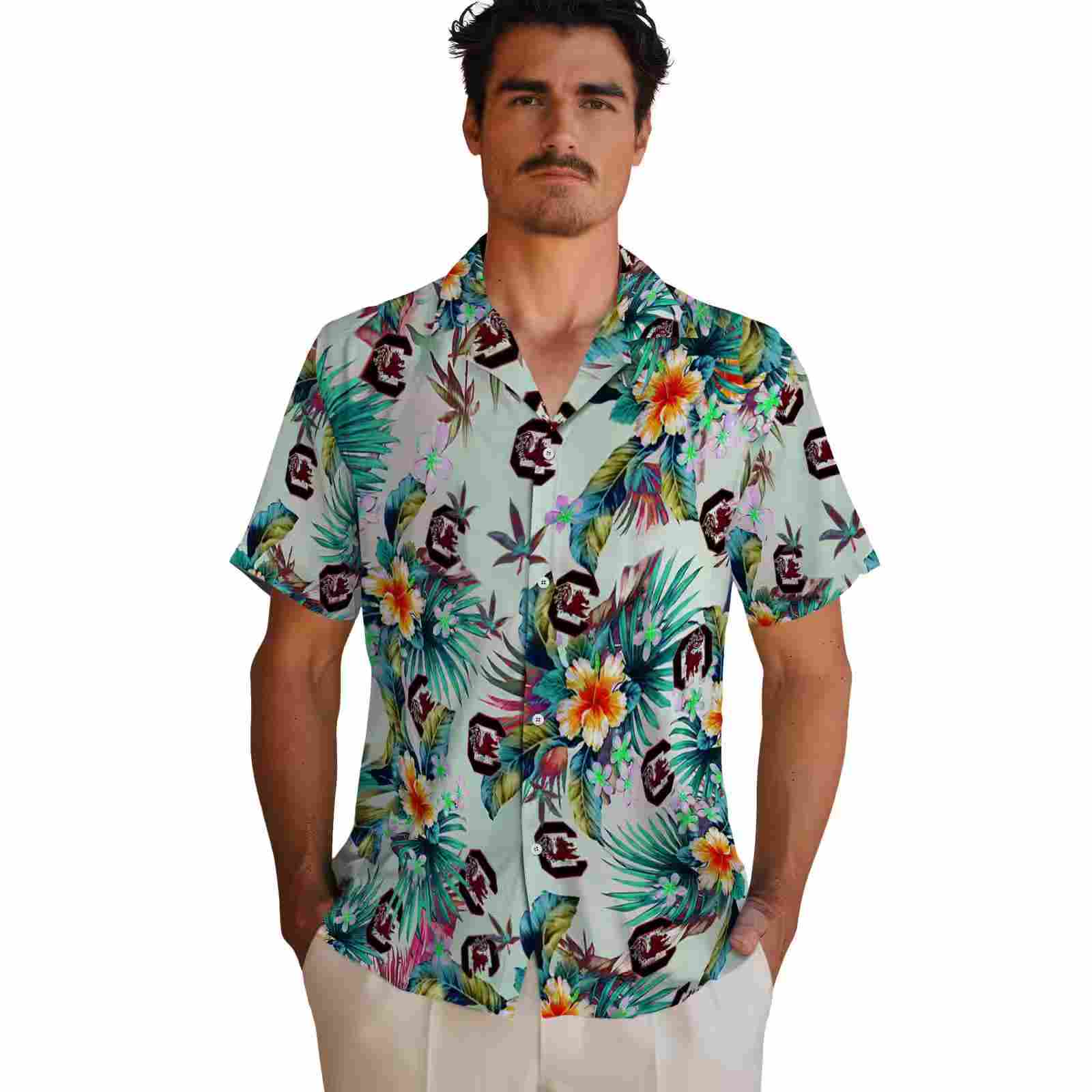 south carolina gamecocks tropical foliage green hawaiian shirt fashion forward