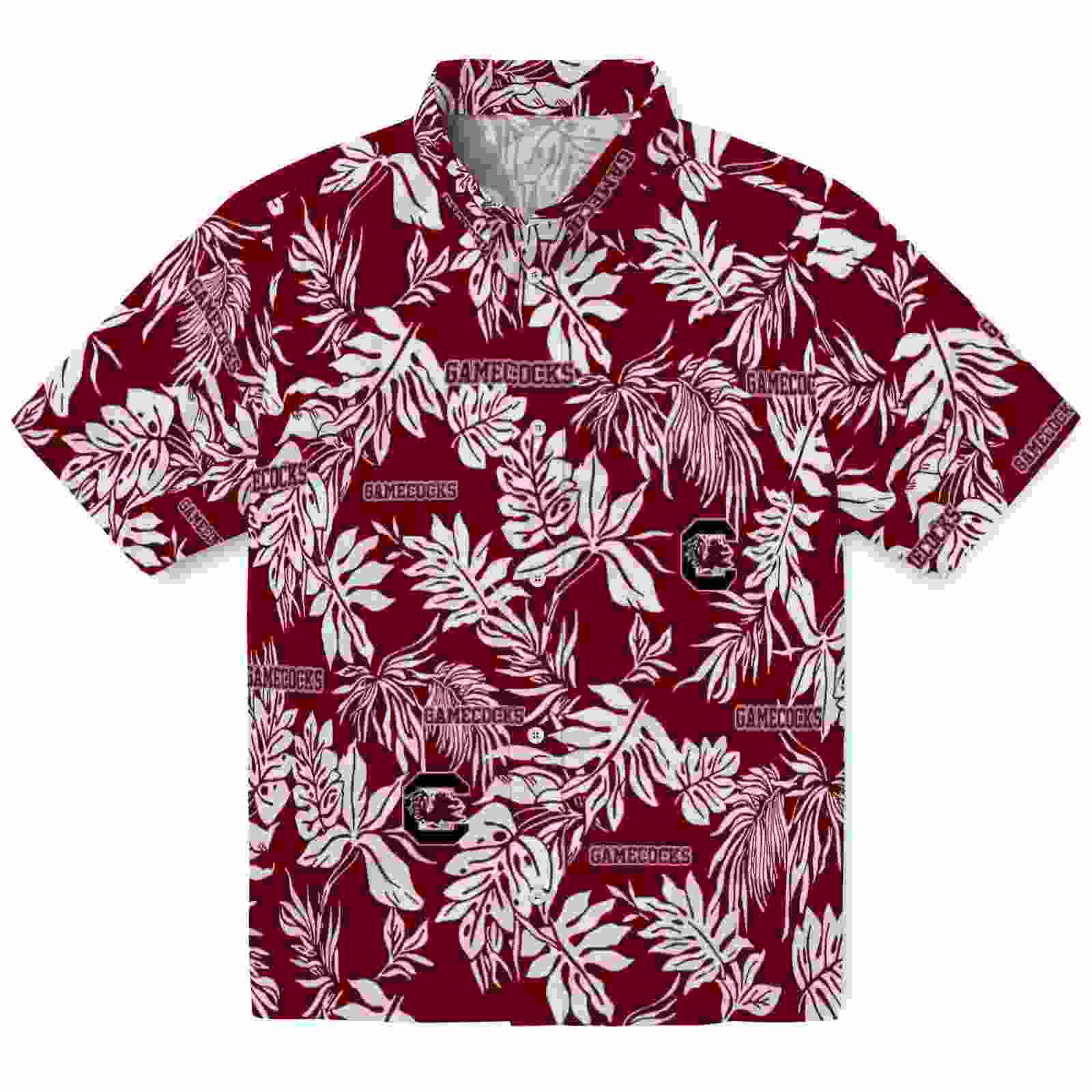 South Carolina Gamecocks Tropical Leaf Garnet White Hawaiian Shirt