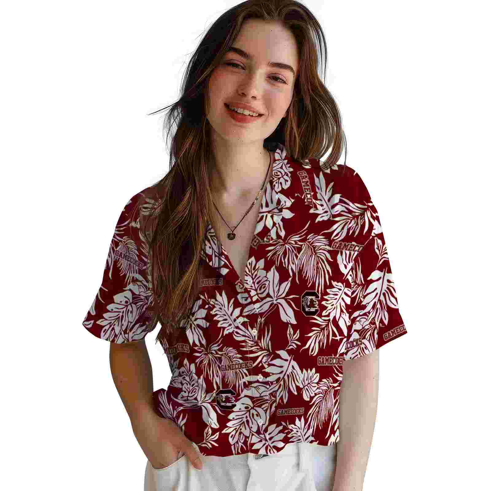 south carolina gamecocks tropical leaf garnet white hawaiian shirt latest model